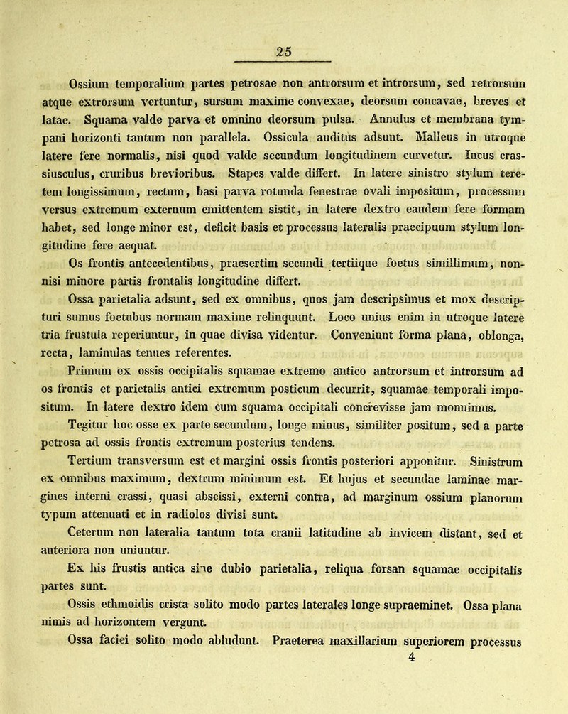 Ossium temporalium partes petrosae non antrorsum et introrsum, sed retrorsum atque extrorsum vertuntur, sursum maxime convexae, deorsum concavae, breves et latae. Squama valde parva et omnino deorsum pulsa. Annulus et membrana tym- pani horizonti tantum non parallela. Ossicula auditus adsunt. Malleus in utroque latere fere normalis, nisi quod valde secundum longitudinem curvetur. Incus cras- siusculus, cruribus brevioribus. Stapes valde dilfert. In latere sinistro stylum tere- tem longissimum, rectum, basi parva rotunda fenestrae ovali impositum, processum versus extremum externum emittentem sistit, in latere dextro eandem fere formam habet, sed longe minor est, deficit basis et processus lateralis praecipuum stylum lon- gitudine fere aequat. Os frontis antecedentibus, praesertim secundi tertiique foetus simillimum, non- nisi minore partis frontalis longitudine differt. Ossa parietalia adsunt, sed ex omnibus, quos jam descripsimus et mox descrip- turi sumus foetubus normam maxime relinquunt. Loco unius enim in utroque latere tria frustula reperiuntur, in quae divisa videntur. Conveniunt forma plana, oblonga, recta, laminulas tenues referentes. Primum ex ossis occipitalis squamae extremo antico antrorsum et introrsum ad os frontis et parietalis antici extremum posticmn decurrit, squamae temporali impo- situm. In latere dextro idem cum squama occipitali concrevisse jam monuimus. Tegitur hoc osse ex parte secundum, longe minus, similiter positum, sed a parte petrosa ad ossis frontis extremum posterius tendens. Tertium transversum est et margini ossis frontis posteriori apponitur. Sinistrum ex omnibus maximum, dextrum minimum est. Et hujus et secundae laminae mar- gines interni crassi, quasi abscissi, externi contra, ad marginum ossium planorum typum attenuati et in radiolos divisi sunt. Ceterum non lateralia tantum tota cranii latitudine ab invicem distant, sed et anteriora non uniuntur. Ex liis frustis antica sine dubio parietalia, reliqua forsan squamae occipitalis partes sunt. Ossis ethmoidis crista solito modo partes laterales longe supraeminet. Ossa plana nimis ad horizontem vergunt. Ossa faciei solito modo abludunt. Praeterea maxillarium superiorem processus 4