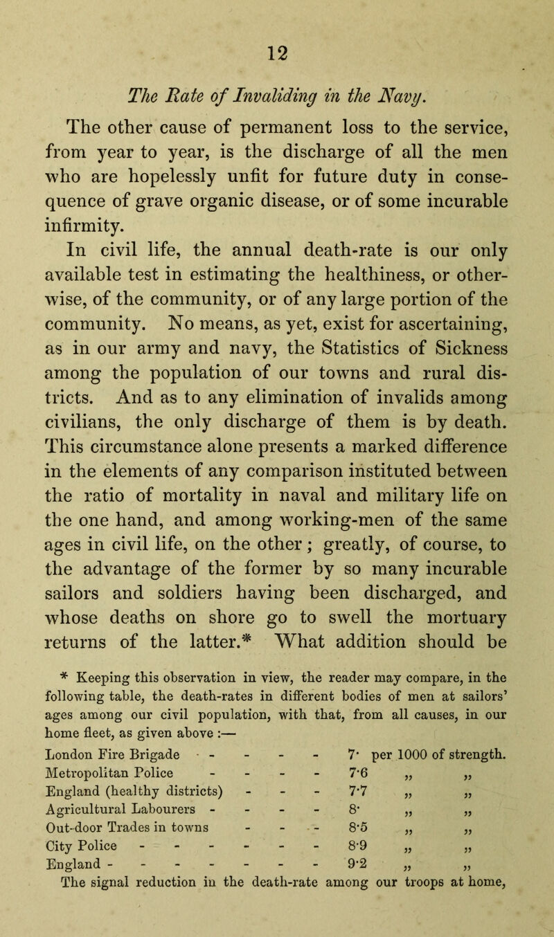 The Rate of Invaliding in the Navy. The other cause of permanent loss to the service, from year to year, is the discharge of all the men who are hopelessly unfit for future duty in conse- quence of grave organic disease, or of some incurable infirmity. In civil life, the annual death-rate is our only available test in estimating the healthiness, or other- wise, of the community, or of any large portion of the community. No means, as yet, exist for ascertaining, as in our army and navy, the Statistics of Sickness among the population of our towns and rural dis- tricts. And as to any elimination of invalids among civilians, the only discharge of them is by death. This circumstance alone presents a marked difference in the elements of any comparison instituted between the ratio of mortality in naval and military life on the one hand, and among working-men of the same ages in civil life, on the other; greatly, of course, to the advantage of the former by so many incurable sailors and soldiers having been discharged, and whose deaths on shore go to swell the mortuary returns of the latter.* What addition should be * Keeping this observation in view, the reader may compare, in the following table, the death-rates in different bodies of men at sailors’ ages among our civil population, with that, from all causes, in our home fleet, as given above :— London Fire Brigade • - - - - 7' per 1000 of strength. Metropolitan Police 7*6 „ „ England (healthy districts) 7*7 „ „ Agricultural Labourers 8* „ „ Out-door Trades in towns - - - - 8*5 „ „ City Police ------ 8*9 „ „ England ------- 9*2 „ „ The signal reduction in the death-rate among our troops at home,