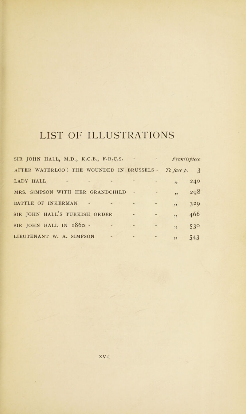 LIST OF ILLUSTRATIONS SIR JOHN HALL, M.D., K.C.B., F.R.C.S. AFTER WATERLOO ! THE WOUNDED IN BRUSSELS - LADY HALL . . . - . MRS. SIMPSON WITH HER GRANDCHILD - BATTLE OF INKERMAN - . - - SIR JOHN hall’s TURKISH ORDER SIR JOHN HALL IN i860 - - - - LIEUTENANT W. A. SIMPSON Frontispiece 7(3 fare p. 3 „ 240 „ 298 n 329 „ 466 n 530 543