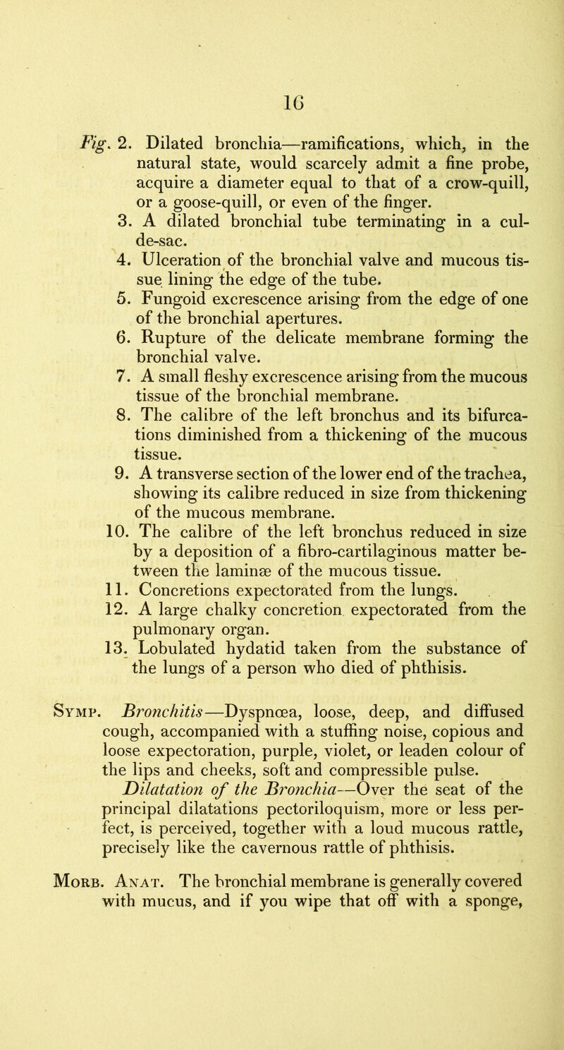 1G Fig. 2. Dilated bronchia—ramifications, which, in the natural state, would scarcely admit a fine probe, acquire a diameter equal to that of a crow-quill, or a goose-quill, or even of the finger. 3. A dilated bronchial tube terminating in a cul- de-sac. 4. Ulceration of the bronchial valve and mucous tis- sue lining the edge of the tube. 5. Fungoid excrescence arising from the edge of one of the bronchial apertures. 6. Rupture of the delicate membrane forming the bronchial valve. 7. A small fleshy excrescence arising from the mucous tissue of the bronchial membrane. 8. The calibre of the left bronchus and its bifurca- tions diminished from a thickening of the mucous tissue. 9. A transverse section of the lower end of the trachea, showing its calibre reduced in size from thickening of the mucous membrane. 10. The calibre of the left bronchus reduced in size by a deposition of a fibro-cartilaginous matter be- tween the laminae of the mucous tissue. 11. Concretions expectorated from the lungs. 12. A large chalky concretion expectorated from the pulmonary organ. 13. Lobulated hydatid taken from the substance of the lungs of a person who died of phthisis. Symp. Bronchitis—Dyspnoea, loose, deep, and diffused cough, accompanied with a stuffing noise, copious and loose expectoration, purple, violet, or leaden colour of the lips and cheeks, soft and compressible pulse. Dilatation of the Bronchia—Over the seat of the principal dilatations pectoriloquism, more or less per- fect, is perceived, together with a loud mucous rattle, precisely like the cavernous rattle of phthisis. Morb. An at. The bronchial membrane is generally covered with mucus, and if you wipe that off with a sponge,