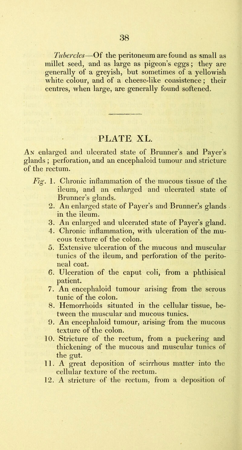 Tubercles—Of the peritoneum are found as small as millet seed, and as large as pigeon’s eggs; they are generally of a greyish, but sometimes of a yellowish white colour, and of a cheese-like consistence; their centres, when large, are generally found softened. PLATE XL. An enlarged and ulcerated state of Brunner’s and Payer’s glands ; perforation, and an encephaloid tumour and stricture of the rectum. Fig. 1. Chronic inflammation of the mucous tissue of the ileum, and an enlarged and ulcerated state of Brunner’s glands. 2. An enlarged state of Payer’s and Brunneps glands in the ileum. 3. An enlarged and ulcerated state of Payer’s gland. 4. Chronic inflammation, with ulceration of the mu- cous texture of the colon. 5. Extensive ulceration of the mucous and muscular tunics of the ileum, and perforation of the perito- neal coat. 6. Ulceration of the caput coli, from a phthisical patient. 7. An encephaloid tumour arising from the serous tunic of the colon. 8. Hemorrhoids situated in the cellular tissue, be- tween the muscular and mucous tunics. 9. An encephaloid tumour, arising from the mucous texture of the colon. 10. Stricture of the rectum, from a puckering and thickening of the mucous and muscular tunics of the gut. 11. A great deposition of scirrhous matter into the cellular texture of the rectum. 12. A stricture of the rectum, from a deposition of