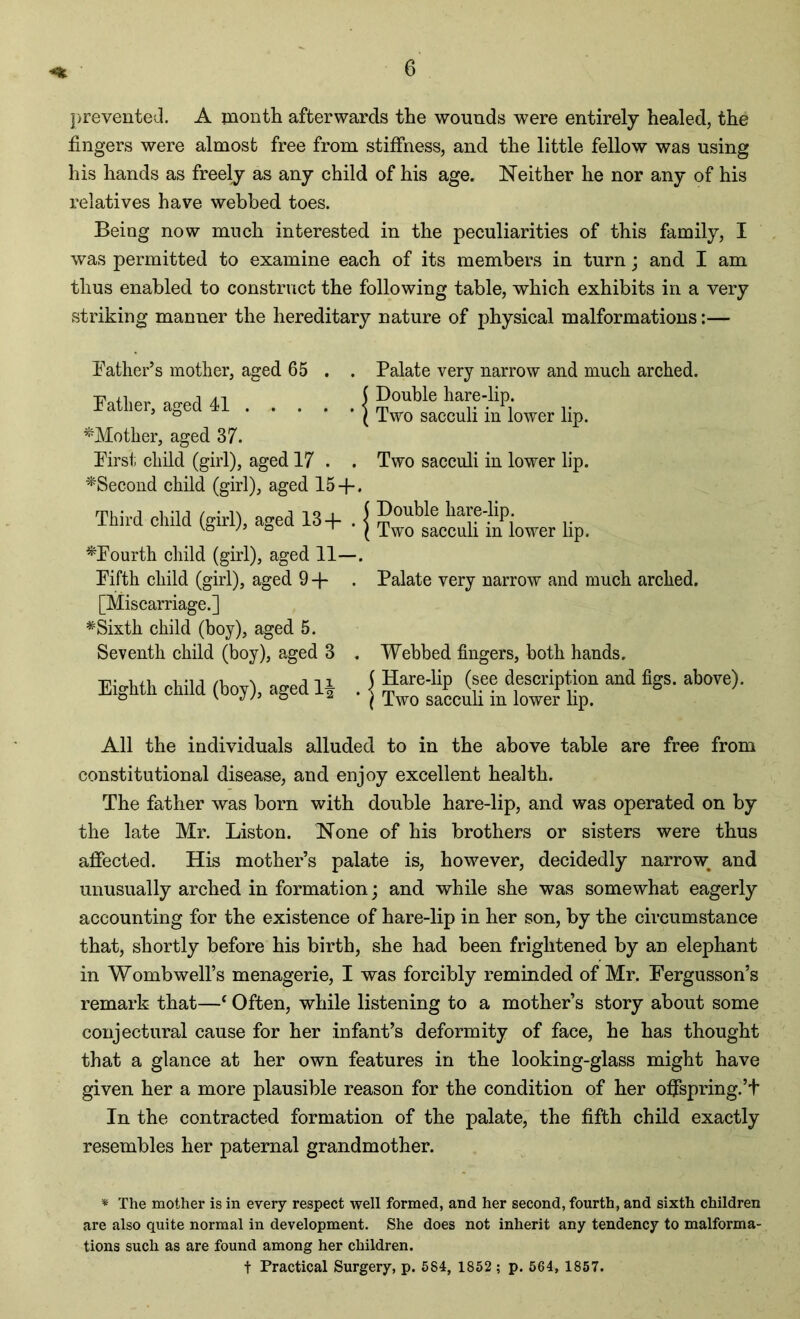prevented. A month afterwards the wounds were entirely healed, the fingers were almost free from stiffness, and the little fellow was using his hands as freely as any child of his age. Neither he nor any of his relatives have webbed toes. Being now much interested in the peculiarities of this family, I was permitted to examine each of its members in turn; and I am thus enabled to construct the following table, which exhibits in a very striking manner the hereditary nature of physical malformations:— Father’s mother, aged 65 . . Father, aged 41 j ^Mother, aged 37. First child (girl), aged 17 . . ^Second child (girl), aged 15 + . Third child (girl), aged 13+ . j ^Fourth child (girl), aged 11—. Fifth child (girl), aged 9+ . [Miscarriage.] #Sixth child (boy), aged 5. Seventh child (boy), aged 3 . Eighth child (boy), aged 1+ . j Palate very narrow and much arched. Double hare-lip. Two sacculi in lower lip. Two sacculi in lower lip. Double hare-lip. Two sacculi in lower lip. Palate very narrow and much arched. Webbed fingers, both hands. Hare-lip (see description and figs, above). Two sacculi in lower lip. All the individuals alluded to in the above table are free from constitutional disease, and enjoy excellent health. The father was born with double hare-lip, and was operated on by the late Mr. Liston. None of his brothers or sisters were thus affected. His mother’s palate is, however, decidedly narrow; and unusually arched in formation; and while she was somewhat eagerly accounting for the existence of hare-lip in her son, by the circumstance that, shortly before his birth, she had been frightened by an elephant in Womb well’s menagerie, I was forcibly reminded of Mr. Fergusson’s remark that—‘ Often, while listening to a mother’s story about some conjectural cause for her infant’s deformity of face, he has thought that a glance at her own features in the looking-glass might have given her a more plausible reason for the condition of her offspring.’t In the contracted formation of the palate, the fifth child exactly resembles her paternal grandmother. * The mother is in every respect well formed, and her second, fourth, and sixth children are also quite normal in development. She does not inherit any tendency to malforma- tions such as are found among her children. t Practical Surgery, p. 584, 1852; p. 564, 1857.