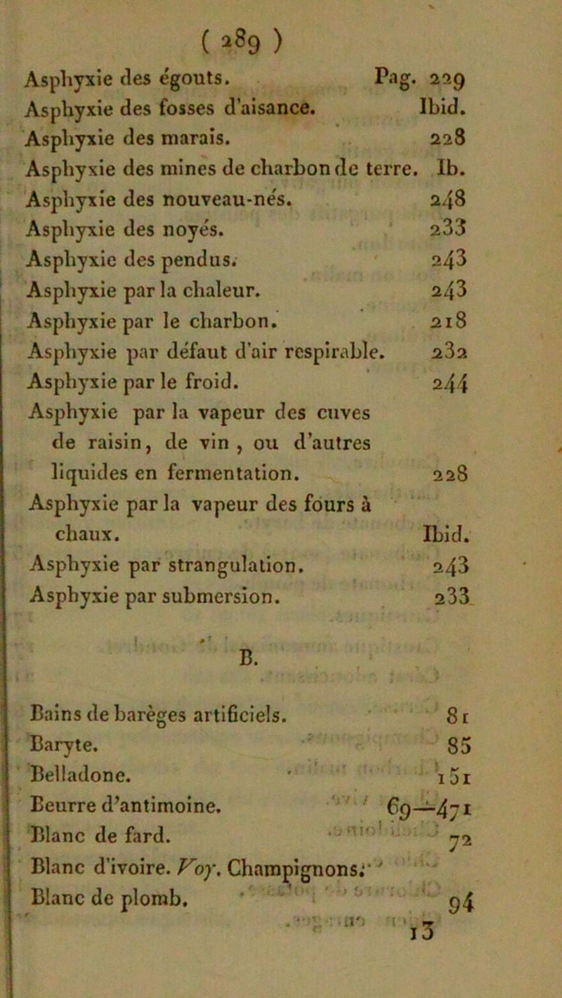 ( 9 ) Asphyxie (les égouts. Png. 229 Asphyxie des fosses d’aisance. Ibid. Asphyxie des marais. 228 Asphyxie des mines de charbon de terre. Ib. Asphyxie des nouveau-nés. 248 Asphyxie des noyés. 233 Asphyxie des pendus. 243 Asphyxie par la chaleur. 243 Asphyxie par le charbon. 218 Asphyxie par défaut (l’air rcspirable. 23a Asphyxie par le froid. 244 Asphyxie par la vapeur des cuves de raisin, de vin, ou d’autres liquides en fermentation. 228 Asphyxie par la vapeur des fours à chaux. Ibid. Asphyxie par strangulation. 243 Asphyxie par submersion. 233 B. Bains de barèges artificiels. 8 r Baryte. 85 Belladone. 15i Beurre d’antimoine. C '9—471 Blanc de fard. 72 Blanc d’ivoire. Voy. Champignons; Blanc de plomb. 94 . *• ;. .iio ■! i3