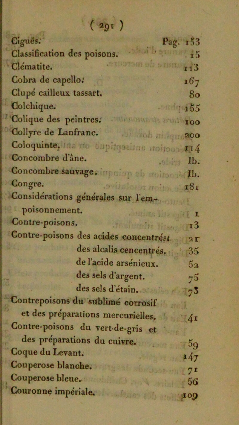 Ciguës. Classification des poisons. Cle'matite. Cobra de capello.' Clupé cailleux tassart. Colchique. Colique des peintres; Collyre de Lanfranc. Coloquinte. Concombre dane. Concombre sauvage. Congre. Considérations générales sur l’em- Pag. 153 i5 113 167 80 i55 100 200 114 1b. Ib. 181 poisonnement. Contre-poisons. Contre-poisons des acides concentre'?* des alcalis cencentrés. de 1 acide arsénieux, des sels d’argent, des sels d etain. Contrepoisons du sublimé corrosif et des préparations mercurielles. Contre-poisons du vert-de-gris et des préparations du cuivre. Coque du Levant. Couperose blanohe. Couperose bleue. Couronne impériale. i3 ar 35 75 4i i4j 7r 56 109