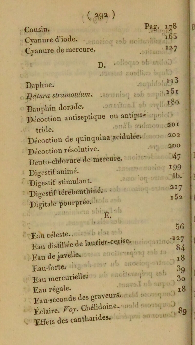 Cousin. Cyanure d’iode. iGj 127 Cyanure de mercure. D. • 113 .. i - /nyUû; * Daphné. J)atura stramonium* Dauphin dorade. 180 Décoction antiseptique ou antipu- ,v tride. ■ 'Vi 201 Décoction de quinquina acidulée. , 1 '.r 200 Décoction résolutive. . Deuto-chlorure de mercure. „ . , IQ9 Digestif anime. 0 Digestif stimulant. Digestif térébenthine, Digitale pourprée. ■ ' i J 217 I 52 E. ..au ,*■» JJ ?' i? V: 'i 56 t;;r: no 127 J > 84 18 39 Eau céleste. Eau distillée de laurier-ceyisç Eau de javelle. Eau-forte/ ' • Eau mercurielle; > ‘ , 3o Eau régale. 18 Eau-seconde des graveurs. , : Éclaire. Vop Cbélidoine.m ■ . ;> ^ C Effets des cantharides. —