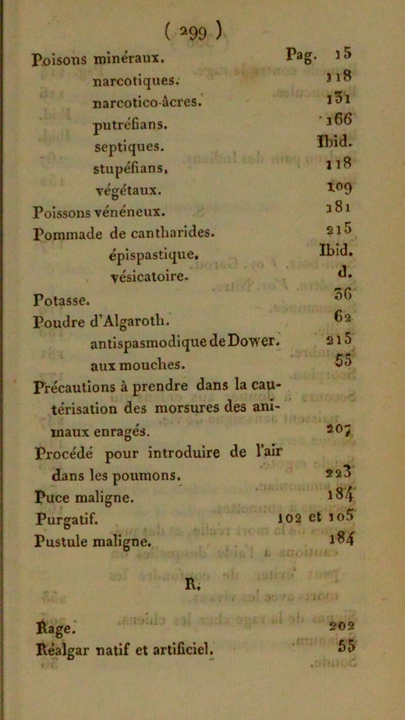 Poisons minéraux. Pag. J5 narcotiques. 318 narcotico-âcres. i3i putréfians. • j 66 septiques. Ibid. stupéfians, 11B végétaux. i°9 Poissons vénéneux. 381 Pommade de cantharides. 2l5 épispastique. Ibid. vésicatoire. d. Potasse. 3G Poudre d’Algaroth. C2 antispasmodique deDower. 2l5 aux mouches. 55 Précautions à prendre dans la cau- térisation des morsures des ani- *9 'ît A. ' ■ . ' «J maux enragés. Procédé pour introduire de l’air 20; dans les poumons. 223 Puce maligne. i8'4 Purgatif. 102 e* Pustule maligne. 184 R. Rage. Réalgar natif et artificiel. 202 55