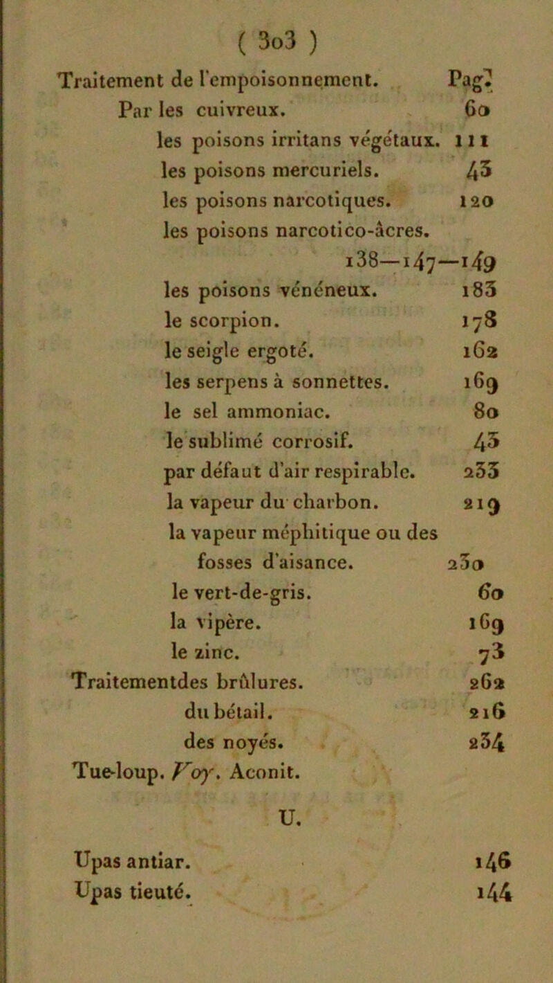 Traitement de l’empoisonnement. Fagü Par les cuivreux. Go les poisons irritans végétaux. 111 les poisons mercuriels. l\S les poisons narcotiques. 120 les poisons narcotico-âcres. i38—147—i4g les poisons vénéneux. i83 le scorpion. 178 le seigle ergoté. 162 les serpens à sonnettes. 163 le sel ammoniac. 80 le sublimé corrosif. 45 par défaut d’air respirablc. 253 la vapeur du charbon. 219 la vapeur méphitique ou des fosses d’aisance. 23o le vert-de-gris. 60 la vipère. 1G9 le zinc. Traitementdes brûlures. 262 du bétail. 21G des noyés. 254 Tue-loup. }rcy)\ Aconit. U. Upas antiar. 146 Upas tieuté. i44