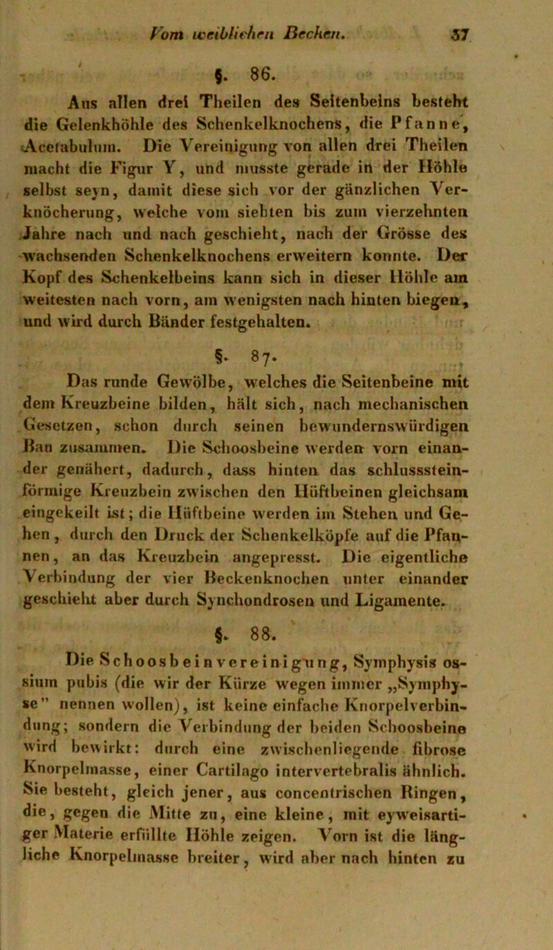5. 86. Aus allen drei Theilen des Seitenbeins besteht die Gelenkhöhle des Schenkelknochens, die Pfanne, Acefabuluin. Die Vereinigung von allen drei Theilen macht die Figur Y, und musste gerade in der Höhle selbst seyn, damit diese sich vor der gänzlichen Ver- knöcherung, welche vom siebten bis zum vierzehnten .Jahre nach und nach geschieht, nach der Grösse des wachsenden Schenkelknochens erweitern konnte. De** Kopf des Schenkelbeins kann sich in dieser Höhle am weitesten nach vorn, am wenigsten nach hinten biegen, und wird durch Bänder festgehalten. §. 87. Das runde Gewölbe, welches die Seitenbeine mit dem Kreuzbeine bilden, hält sich, nach mechanischen Gesetzen, schon durch seinen bewundernswürdigen Ban zusammen. Die Sdioosl)eine werden vorn einan- der genähert, dadurch, dass hinten das schlussstein- förmige Kreuzbein zwischen den Hüftbeinen gleichsam eingekeilt ist; die Hüftbeine werden im Stehen und Ge- hen , durch den Druck der Schenkelköpfe auf die Pfan- nen , an das Kreuzbein angepresst. Die eigentliche Verbindung der vier Beckenknochen unter einander gescliielit aber durch Synchondrosen und Ligamente. §. 88. Die Schoosbeinverein igung, Symphysis os- siuin pubis (die wir der Kürze wegen immer „Symphy- se nennen wollen), ist keine einfache Knorpelverbin- dung; sondern die Verbindung der beiden Schoosbeine wird bewirkt: durch eine zw’ischenliegende librose Knorpelinasse, einer Cartilago intervertebralis ähnlich. Sie besteht, gleich jener, aus concentrischen Ringen, die Mitte zu, eine kleine, mit eyweisarti- ger Materie erfüllte Höhle zeigen. Vorn ist die läng- liche Knorpelinasse breiter, wird aber nach hinten zu