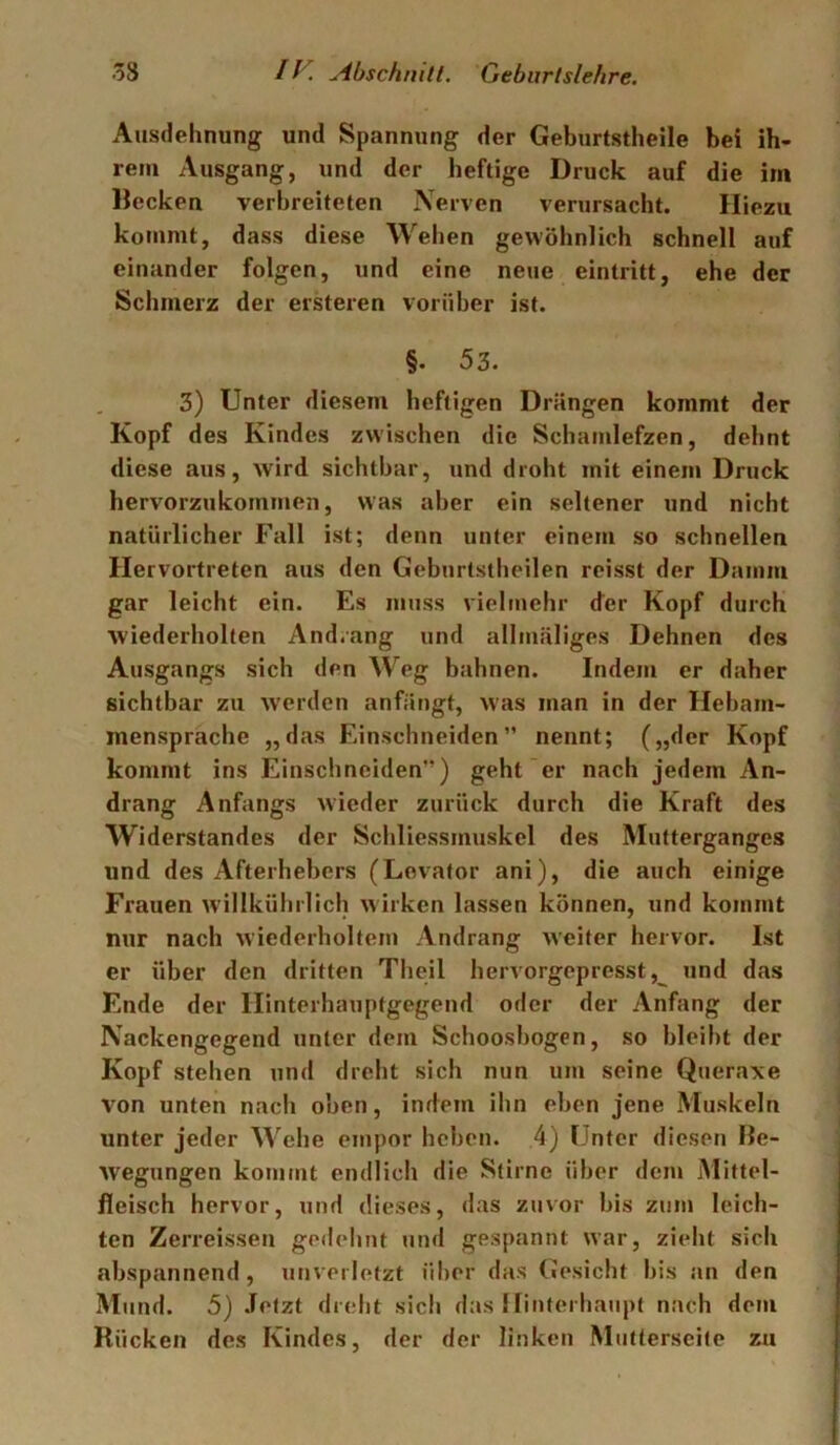 Ausdehnung und Spannung der Geburtstheile bei ih- rem Ausgang, und der heftige Druck auf die im Decken verbreiteten Nerven verursacht. Hiezu kommt, dass diese Wehen gewöhnlich schnell auf einander folgen, und eine neue eintritt, ehe der Schmerz der ersteren vorüber ist. §. 53. 3) Unter diesem heftigen Drängen kommt der Kopf des Kindes zwischen die Schamlefzen, dehnt diese aus, wird, sichtbar, und droht mit einem Druck hervorzukommen, was aber ein seltener und nicht natürlicher Fall ist; denn unter einem so schnellen Hervortreten aus den Geburtstheilen reisst der Damm gar leicht ein. Es muss vieltuehr der Kopf durch wiederholten And.ang und allmäliges Dehnen des Ausgangs sich den Weg bahnen. Indem er daher sichtbar zu werden anfängt, was man in der Hebam- mensprache „das Einschneiden” nennt; („der Kopf kommt ins Einschnciden”) geht'er nach jedem An- drang Anfangs wieder zurück durch die Kraft des Widerstandes der Schliessmuskel des Mutterganges und des Afterhebers (Levator ani), die auch einige Frauen willkührlich wirken lassen können, und kommt nur nach wiederholtem Andrang weiter hervor. Ist er über den dritten Theil hervorgepresst und das Ende der Hinterhauptgegend oder der Anfang der Nackengegend unter dem Schoosbogen, so bleibt der Kopf stehen und dreht sich nun um seine Queraxe von unten nach oben, indem ihn eben jene Muskeln unter jeder Wehe empor heben. 4) Unter diesen De- wegungen kommt endlich die Stirne über dem Mittel- fleisch hervor, und dieses, das zuvor bis zum leich- ten Zerreissen gedehnt und gespannt war, zieht sich abspannend, utjverletzt über das Gesicht bis an den Mund. 5) Jetzt dreht sich das Hinterhaupt nach dem Rücken des Kindes, der der linken Mutterseite zu