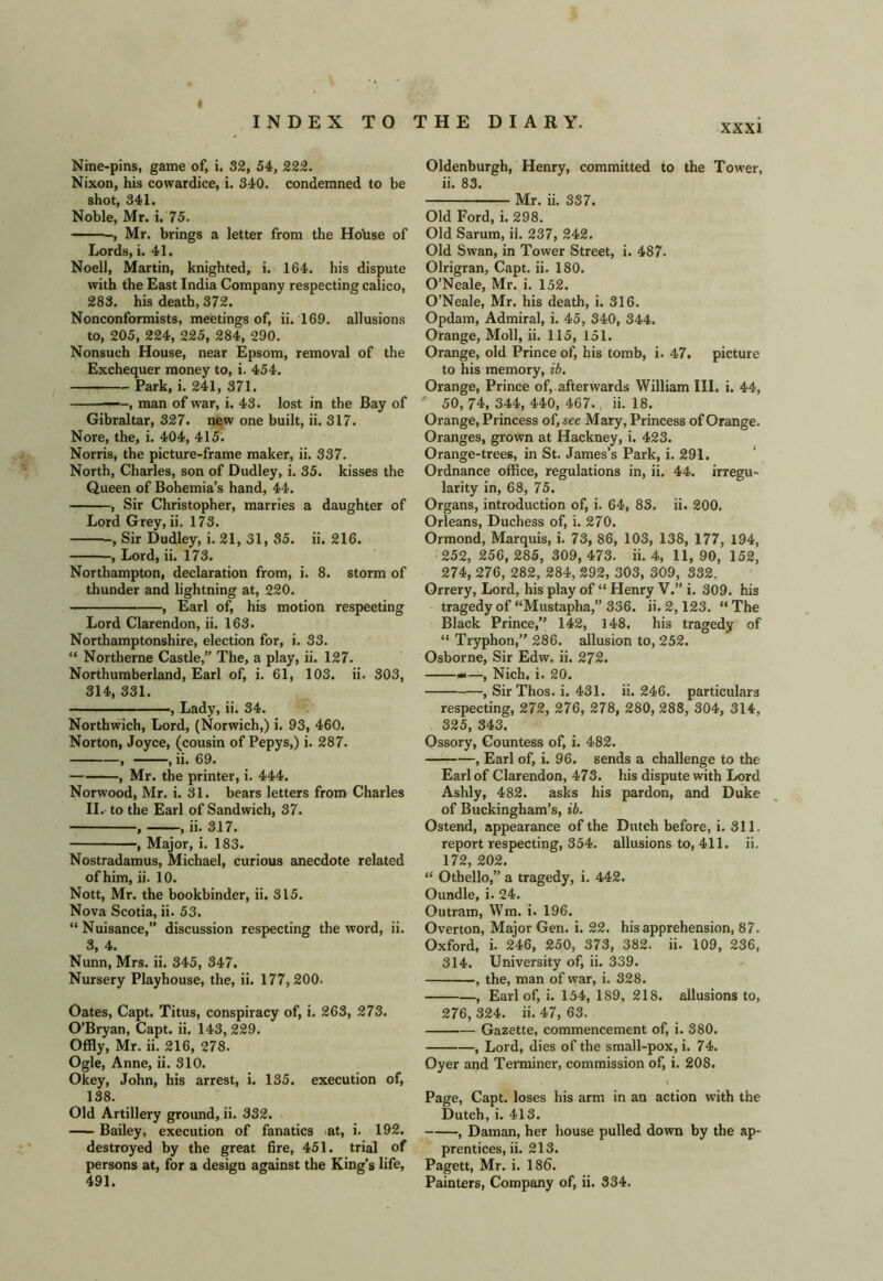 t INDEX TO THE DIARY. XXXI Nrne-pins, game of, i. 32, 54, 222. Nixon, his cowardice, i. 340. condemned to be shot, 341. Noble, Mr. i. 75. -, Mr. brings a letter from the House of Lords, i. 41. Noell, Martin, knighted, i. 164. his dispute with the East India Company respecting calico, 283. his death, 372. Nonconformists, meetings of, ii. 169. allusions to, 205, 224, 225, 284, 290. Nonsuch House, near Epsom, removal of the Exchequer money to, i. 454. Park, i. 241, 371. , man of war, i. 43. lost in the Bay of Gibraltar, 327. new one built, ii. 317. Nore, the, i. 404, 415. Norris, the picture-frame maker, ii. 337. North, Charles, son of Dudley, i. 35. kisses the Queen of Bohemia’s hand, 44. , Sir Christopher, marries a daughter of Lord Grey, ii. 173. ; Sir Dudley, i. 21, 31, 35. ii. 216. , Lord, ii. 173. Northampton, declaration from, i. 8. storm of thunder and lightning at, 220. , Earl of, his motion respecting Lord Clarendon, ii. 163. Northamptonshire, election for, i. 33. “ Northerne Castle,” The, a play, ii. 127. Northumberland, Earl of, i. 61, 103. ii. 303, 314, 331. , Lady, ii. 34. Northwich, Lord, (Norwich,) i. 93, 460. Norton, Joyce, (cousin of Pepys,) i. 287. , , ii. 69. , Mr. the printer, i. 444. Norwood, Mr. i. 31. bears letters from Charles II. to the Earl of Sandwich, 37. , , ii. 317. , Major, i. 183. Nostradamus, Michael, curious anecdote related ofhim, ii. 10. Nott, Mr. the bookbinder, ii. 315. Nova Scotia, ii. 53. “ Nuisance,” discussion respecting the word, ii. 3, 4. Nunn, Mrs. ii. 345, 347. Nursery Playhouse, the, ii. 177,200. Oates, Capt. Titus, conspiracy of, i. 263, 273. O’Bryan, Capt. ii. 143,229. Offly, Mr. ii. 216, 278. Ogle, Anne, ii. 310. Okey, John, his arrest, i. 135. execution of, 138. Old Artillery ground, ii. 332. Bailey, execution of fanatics at, i. 192. destroyed by the great 6re, 451. trial of persons at, for a design against the King’s life> Oldenburgh, Henry, committed to the Tower, ii. 83. Mr. ii. 337. Old Ford, i. 298. Old Sarum, ii. 237, 242. Old Swan, in Tower Street, i. 487. Olrigran, Capt. ii. 180. O’Neale, Mr. i. 152. O’Neale, Mr. his death, i. 316. Opdam, Admiral, i. 45, 340, 344. Orange, Moll, ii. 115, 151. Orange, old Prince of, his tomb, i. 47. picture to his memory, z5. Orange, Prince of, afterwards William HI. i. 44, 50,74,344,440,467., ii. 18. Orange, Princess of, see Mary, Princess of Orange. Oranges, grown at Hackney, i. 423. Orange-trees, in St. James’s Park, i. 291. Ordnance office, regulations in, ii. 44. irr^u- larity in, 68, 75. Organs, introduction of, i. 64, 83. ii. 200. Orleans, Duchess of, i. 270. Ormond, Marquis, i. 73, 86, 103, 138, 177, 194, 252, 256, 285, 309, 473. ii. 4, 11, 90, 152, 274, 276, 282, 284, 292, 303, 309, 332. Orrery, Lord, his play of “ Henry V.” i. 309. his tragedy of “Mustapha,” 336. ii. 2,123. “The Black Prince,” 142, 148. his tragedy of “ Tryphon,” 286. allusion to, 252. Osborne, Sir Edw. ii. 272. ••—, Nich. i. 20. , Sir Thos. i. 431. ii. 246. particulars respecting, 272, 276, 278, 280, 288, 304, 314, 325, 343. Ossory, Countess of, i. 482. , Earl of, i. 96. sends a challenge to the Earl of Clarendon, 473. his dispute with Lord Ashly, 482. asks his pardon, and Duke of Buckingham’s, id. Ostend, appearance of the Dutch before, i. 311. report respecting, 354. allusions to, 411. ii. 172, 202. “ Othello,” a tragedy, i. 442. Oundle, i. 24. Outram, Wm. i. 196. Overton, Major Gen. i. 22. his apprehension, 87. Oxford, i. 246, 250, 373, 382. ii. 109, 236, 314. University of, ii. 339. , the, man of war, i. 328. , Earl of, i. 154, 189, 218. allusions to, 276, 324. ii. 47, 63. Gazette, commencement of, i. 380. , Lord, dies of the small-pox, i. 74. Oyer and Terminer, commission of, i. 208. I Page, Capt. loses his arm in an action with the Dutch, i. 413. , Daman, her house pulled down by the ap- prentices, ii. 213. Pagett, Mr. i. 186.