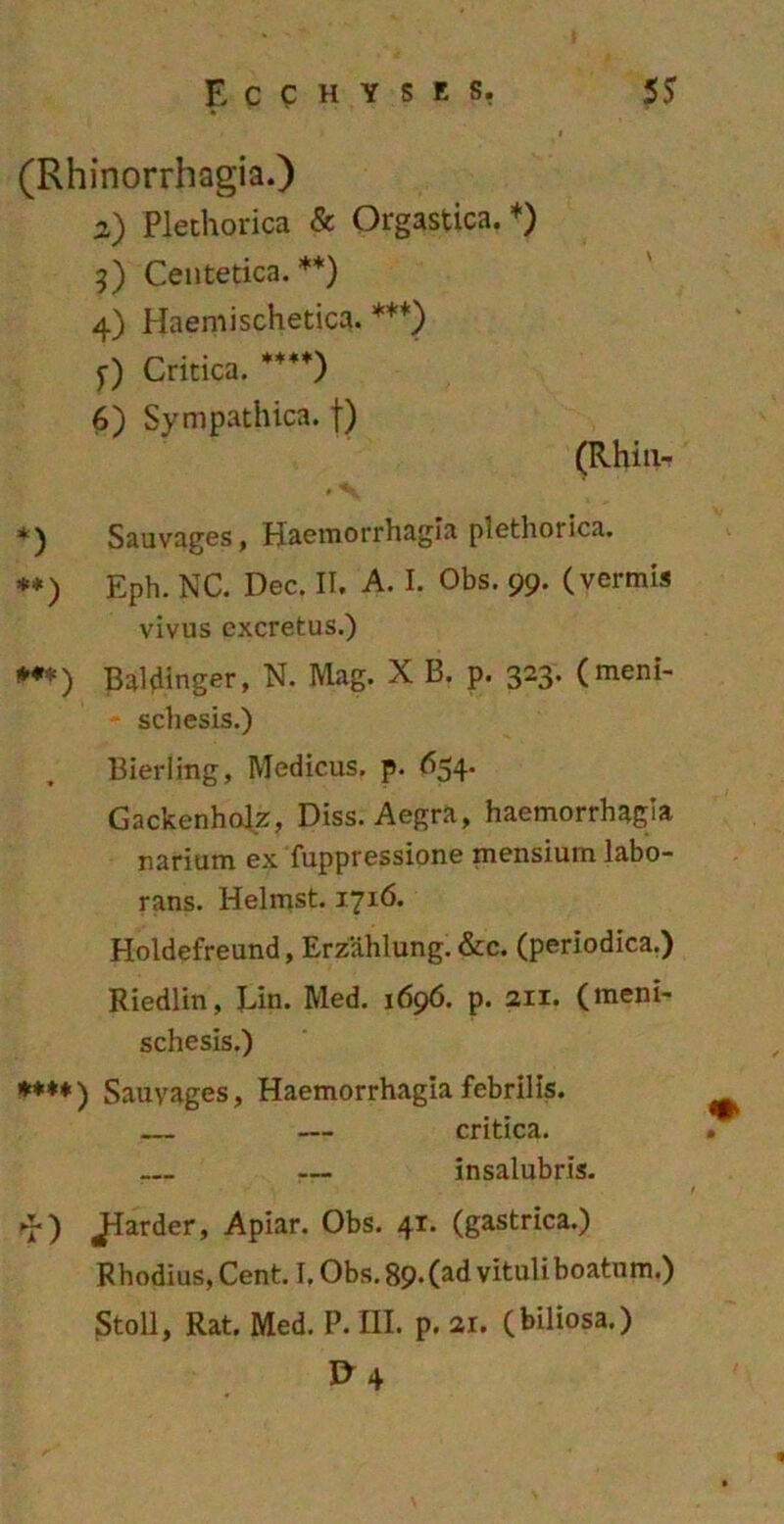 (Rhinorrhagia.) z) Plethorica & Orgastica.*) 3) Centetica. **) 4) Haemischetica. ***) f) Critica. ****) 6) Sympathica, f) (Rhin- *) Sauvages, Haemorrhagia plethorica. **) Eph. NC. Dec. II. A. I. Obs. 99. (vermis vivus excretus.) ***) Bal^inger, N. Mag. X B. p. 323. (meni- schesis.) Bierling, Medicus, p. 654. Gackenholz, Diss. Aegra, haemorrhagia narium ex fuppressione mensium labo- rans. Helmst. 17x6. Holdefreund, Erzahlung.&c. (periodica.) Riedlin, Lin. Med. 1696. p. 211. (meni- schesis.) ***♦) Sauvages, Haemorrhagia febrilis. — — critica. insalubris. 4*) Jfarder, Apiar. Obs. 41. (gastrica.) Rhodius, Cent. I. Obs.89-(a(i vituli boatum.) Stoll, Rat. Med. P. III. p. 21. (biliosa.) I>4