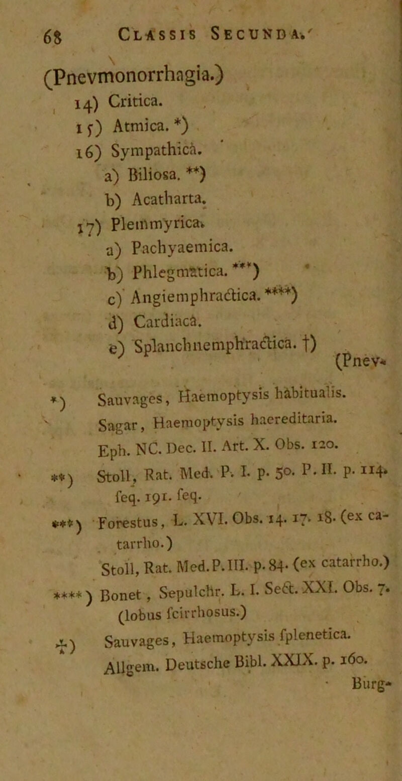 (Pnevmonorrhagia.) 14) Critica. 1 y ) Atmica. *) 16) Sympathici. a) Biliosa. **) b) Acatharta. j-7) Plemmyrica. a) Pachyaemica. b) Phlegmatica. ***) c) Angiemphradica. ****) d) Cardiaci. e) Splanchnemphraclica. t) (Pnev* Sauvages, Haemoptysis h&bitualis. Sagar, Haemoptysis haereditaria. Eph. NC. Dec. II. Art. X. Obs. 120. **) Stoll, Rat. Med. P. I. p- 5°- p-IL P- JI4* feq. 191. feq. Forestus, L. XVI. Obs. 14.17* 18* (ex ca tarrho.) Stoll, Rat. Med.P.III. p.84* (ex catarrho.) ♦***) Bonet, Sepulchr. L. I. Se6t. XXI. Obs. ,. (lobus fcirrhosus.) 4. ) Sauvages, Haemoptysis fplenetica. A ligem. Deutsche Bibi. XXIX. p. 160. Biirg-