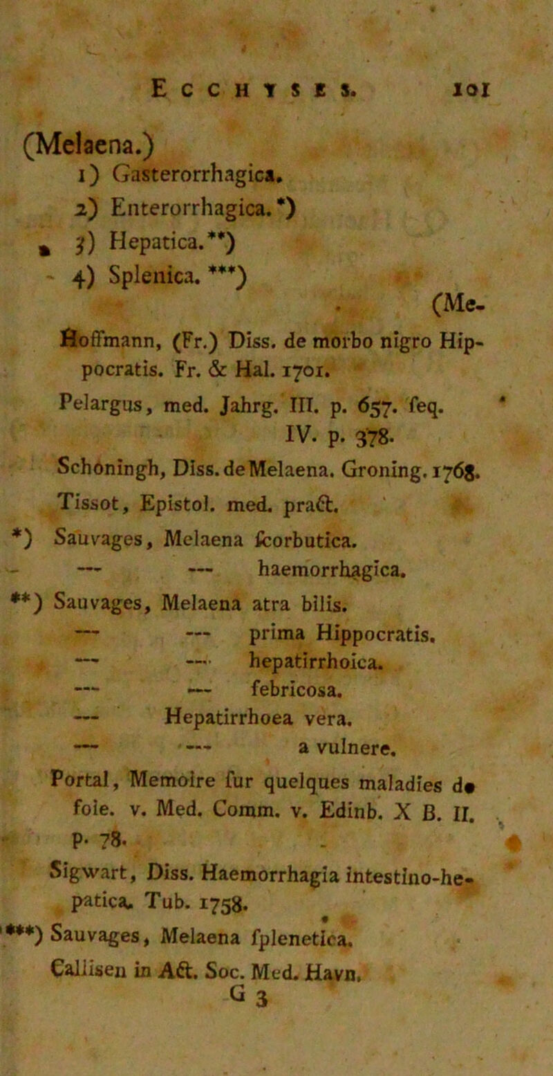 (Melaena.) 1) Gasterorrhagica. 2) Enterorrhagica. *) m ?) Hepatica.**1) 4) Splenica. ***') (Me- fioffmann, (Fr.) Diss. de morbo nigro Hip- pocratis. Fr. & Hal. 1701. Pelargus, med. Jahrg. III. p. 657. feq. IV. p. 378- Schoningh, Diss. de Melaena. Groning. 1768. Tissot, Epistol. med. praft. *) Sauvages, Melaena fcorbutica. — — haemorrhagica. ♦*) Sauvages, Melaena atra bilis. — — prima Hippocratis. — — hepatirrhoica. — febricosa. Hepatirrhoea vera. — — a vulnere. Portal, Memolre fur quelques maladies d* foie. v. Med. Comm. v. Edinb. X B. II. P' ?8. % Sigwart, Diss. Haemorrhagia intestino-he- patica. Tub. 1758. '.***) Sauvages, Melaena fplenetica. Caliisen in A6t. Soc. Med. Havn.