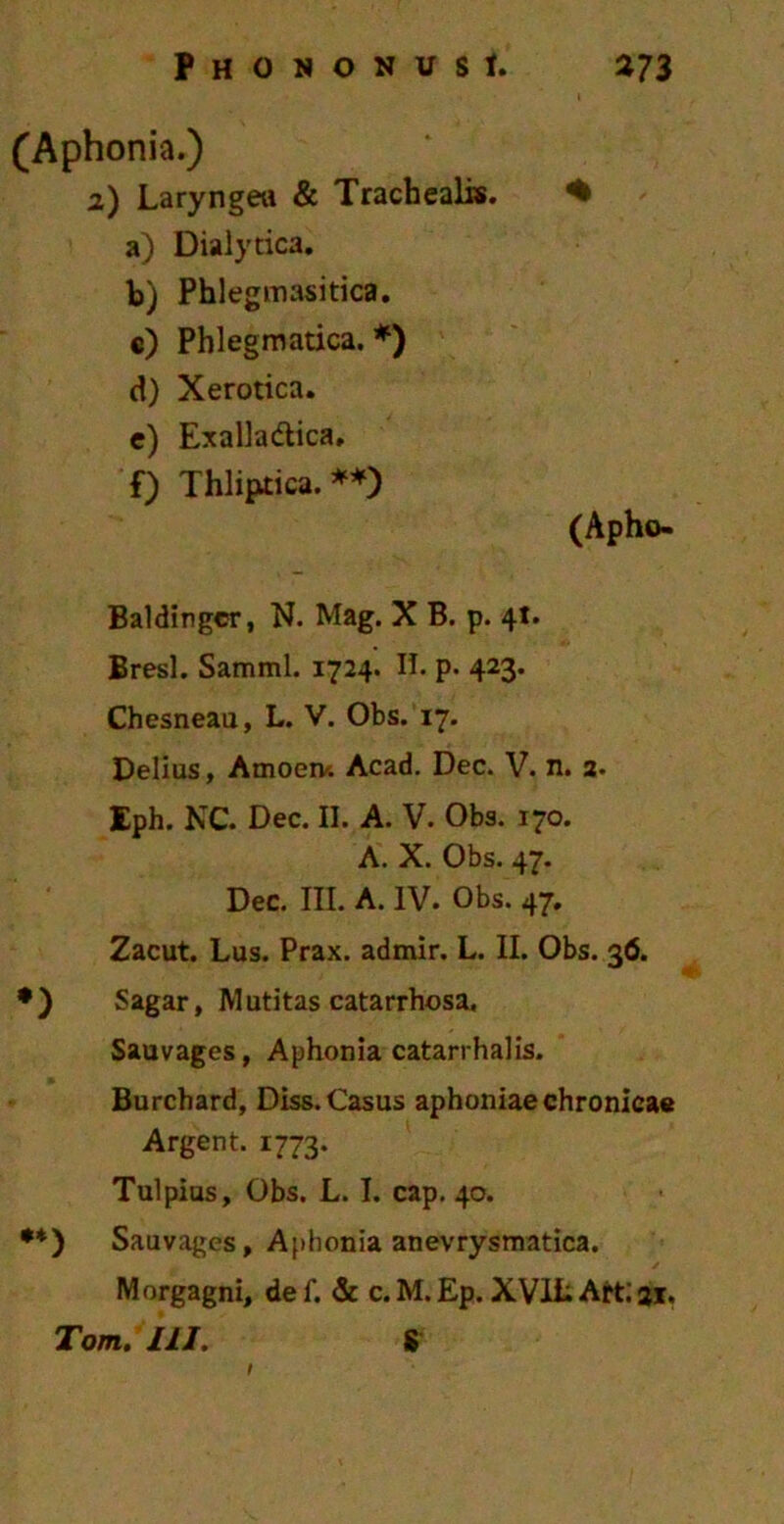 (Aphonia.) 2) Laryngea & Trachealis. * a) Dialytica. b) Phlegmasitica. c) Phlegmatica. *) d) Xerotica. e) Exalladica. f) Thliptica. **) (Apho- Baldingcr, N. Mag. X B. p. 41. Bresl. Samml. 1724. II. p. 423. Chesneau, L. V. Obs. 17. Delius, Amoeiv; Acad. Dec. V. n. 2. Eph. NC. Dec. II. A. V. Obs. 170. A. X. Obs. 47. Dec. III. A. IV. Obs. 47. Zacut. Lus. Prax. admir. L. II. Obs. 36. •) Sagar, Mutitas catarrhosa, Sauvages, Aphonia catarrhalis. Burchard, Diss. Casus aphoniae chronicae Argent. 1773. Tulpius, Obs. L. I. cap. 40. **) Sauvages, Aphonia anevrysmatica. Morgagni, de f. & c. M. Ep. XV1L Arti 21. Tom. III. S