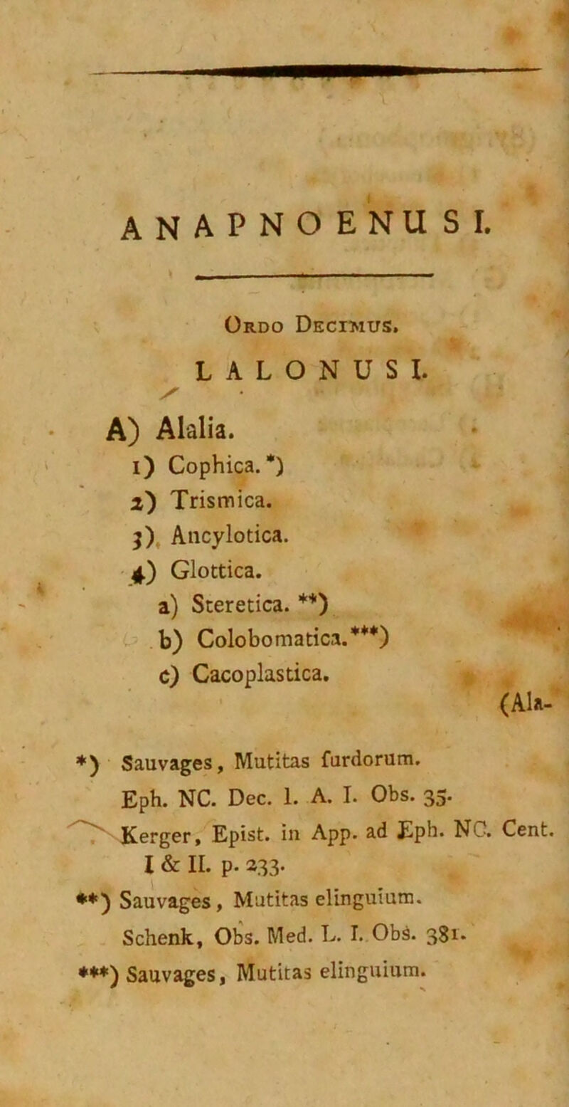 anapnoenusi. Ordo Decimus. LALONUSI. A) Alalia. i) Cophica. *) Trismica. 3) Ancylotica. 4.) Glottica. a) Steretica. **) b) Colobomatica.***) c) Cacoplastica. (Ala- Sauvages, Mutitas furdorum. Eph. NC. Dec. 1. A. I. Obs. 35. Kerger, Epist. in App. ad Eph. NC. Cent. I & II. p. 333. **) Sauvages, Mutitas elinguium. Schenk, Obs. Med. L. I. Obs. 381. ***) Sauvages, Mutitas elinguium.