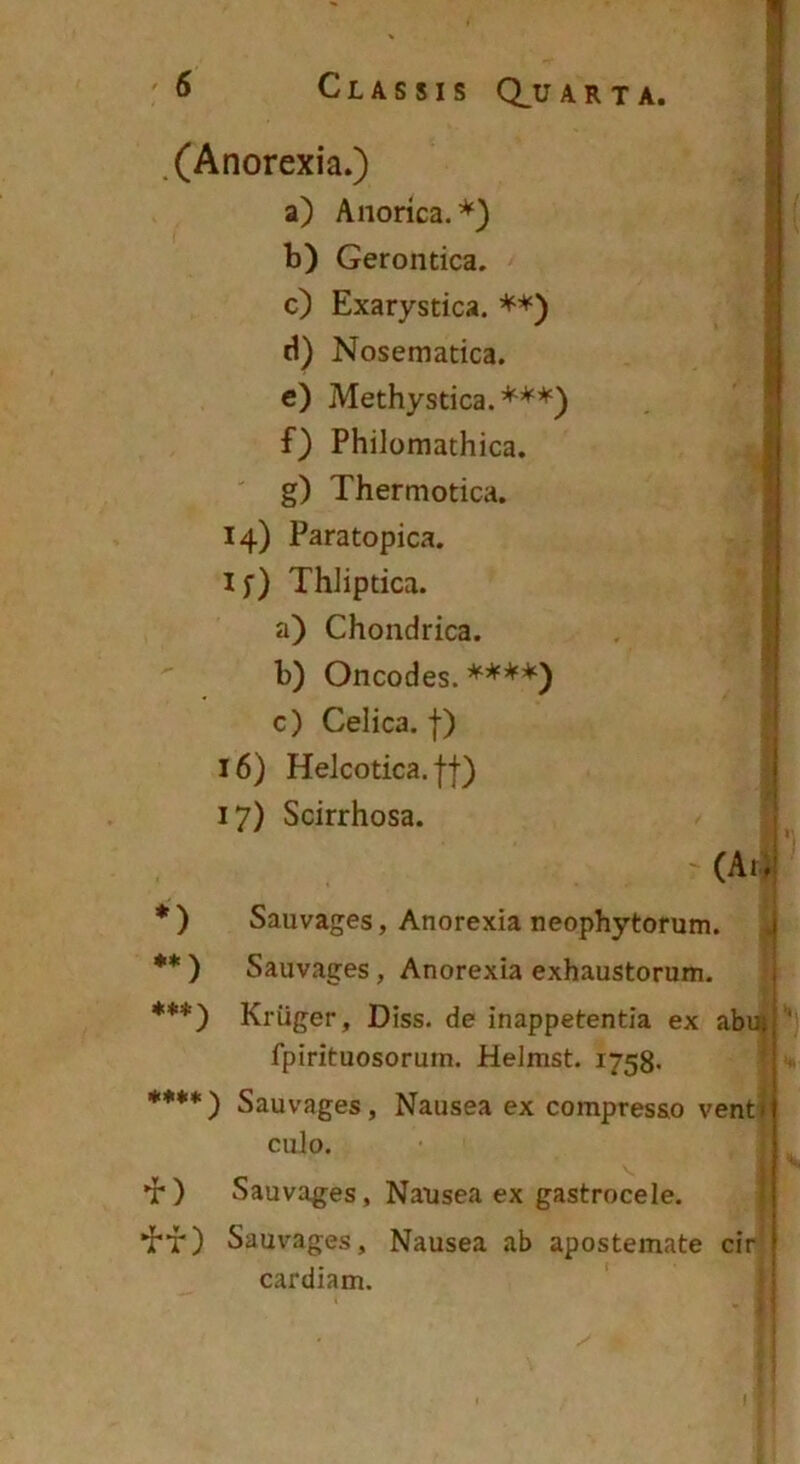 .(Anorexia.) a) Aiiorica.*) b) Gerontica. c) Exarystica. **) d) Nosematica. e) Methystica.’*'^**) f) Philomathica. ' g) Thermotica. 14) Paratopica. if) ThJiptica. a) Chondrica. b) Oncodes. ****■) c) Celica. f) 16) Helcotica. f f) 17) Scirrhosa. -(A4 *) Sauvages, Anorexia neophytorum. 4 j ** ) Sauvages, Anorexia exhaustorum. **’*') Kriiger, Diss. de inappetentia ex abuj fpirituosorum. Heimst. 1758. **♦*) Sauvages, Nausea ex compresso venti culo. »r ) Sauvages, Nausea ex gastrocele. *Pt) Sauvages, Nausea ab apostemate cir cardiam. :