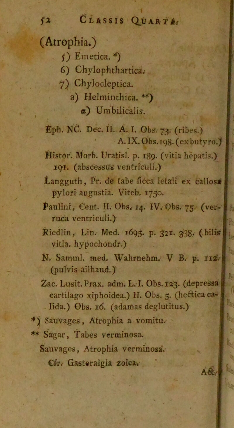 fi Classis Q_UARfij (Atrophia.) f) Emetica. 6) Chylophchartica.' 7) Chyjocleptica. a) Helminthica. **) a) Umbilicalis. £ph. NC. Dec. II. A. I. Obs. 73. (ribes.) ' A. IX. Obs. 198. (ex butyro.) Histor. Morb. Uratisl. p. 189. (vitia hepatis.) i()i. (abscessas ventriculi.) iLangguth, ^r. de tabe licca letali ex callos» pylori angustia. Viteb, 1750. fauHnr, Cent. II. Obs^ 14. IV. Obs. 75. (ver- ruca ventriculi.) Riedlin, Lin. Med. 1695. p. 321. 3‘38- (biliffj vitia, hypochondr.) N.^ Samml. med. Wahrnehm. V B. p. 112VI (pulvis ailhau.d.) Zac. Lusit. Prax. adm. L. I. Obs. 123. (depressa cartilago xiphoidea.) II. Obs. 5. (heftica ca- lida.) Obs. 16. (adamas deglutitus.) ’•') Sauvages, Atrophia a vomitu. ** Sagar, Tabes verminosa, Sauvages, Atrophia verminosa.* €fr.' Gasteralgia zoica,- Aft,-