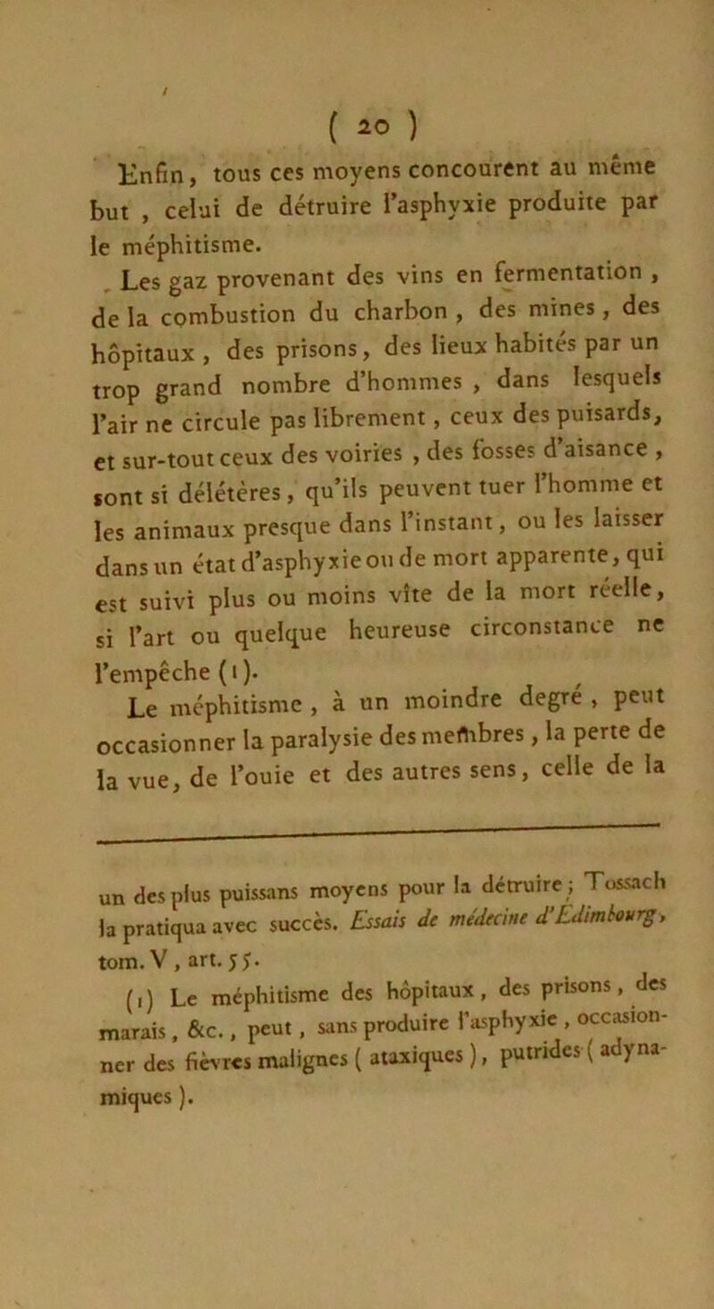 Enfin, tous ces moyens concourent au même but , celui de détruire l’asphvxie produite par le méphitisme. Les gaz provenant des vins en fermentation , de la combustion du charbon , des mines, des hôpitaux , des prisons, des lieux habités par un trop grand nombre d’hommes , dans lesquels l’air ne circule pas librement, ceux des puisards, et sur-tout ceux des voiries , des fosses d’aisance , sont si délétères, qu’ils peuvent tuer l’homme et les animaux presque dans l’instant, ou les laisser dans un état d’asphyxie ou de mort apparente , qui est suivi plus ou moins vite de la mort réelle, si l’art ou quelque heureuse circonstance ne l’empêche ( i )• Le méphitisme , à un moindre degré , peut occasionner la paralysie des membres, la perte de la vue, de louie et des autres sens, celle de la un des plus puissans moyens pour la détruire ; Tossach la pratiqua avec succès. Essais de médecine d’Edimbourg, tom. V , art. JJ. (,) Le méphitisme des hôpitaux, des prisons, des marais, &c., peut, sans produire l’asphyxie occasion- ner des fièvres malignes ( ataxiques ), putrides \ adyna- miques ).