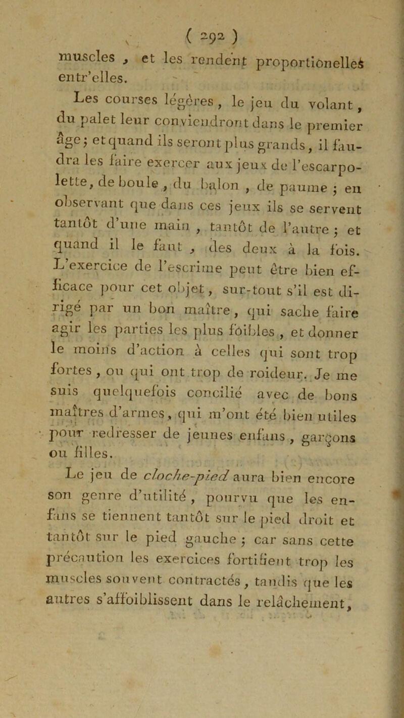 v ( ~92 ) muscles , et les rendent proporlionellei entr’elles. Les courses légères, le jeu du volant, du palet leur conviendront dans le premier âge; et quand ils seront plus grands, il fau- dra les faire exercer aux jeux de l’escarpo- lette, de boule , du bajon , de paume j en obser\ ant que dans ces jeux ils se servent tantôt d’une main , tantôt de l’autre ; et quand il le faut , des deux à la fois. L’exercice de l’escrime peut être bien ef- ficace pour cet objet, sur-tout s’il est di- iigé par un bon maître, qui sache faire agir les parties les plus fôibles , et donner le moins d action a celles qui sont trop fortes , ou qui ont trop de roideur. Je me suis quelquefois concilie avec de bons maîtres d’armes , qui m’ont été bien utiles pour redresser de jeunes enfans , garçons ou filles. Le jeu de cloche-pied aura bien encore son genre d’utilité , pourvu que les en- fans se tiennent tantôt sur le pied droit et tantôt sur le pied gauche •, car sans cette précaution les exercices fortifient trop les muscles souvent contractés, tandis que les autres s affoiblissent dans le relâchement.