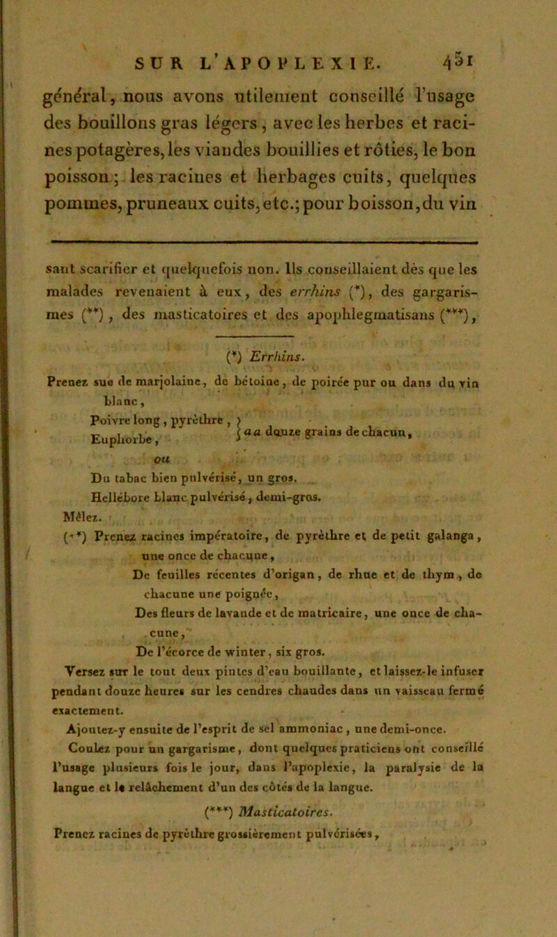 général, nous avons utilement conseillé l’usage des bouillons gras légers , avec les herbes et raci- nes potagères, les viandes bouillies et rôties, le bon poisson ; les racines et herbages cuits, quelques pommes, pruneaux cuits,etc.; pour boisson,du vin sant scarifier et quelquefois non. Ils conseillaient dès que les malades revenaient à eux, des errhitis (*), des gargaris- mes (**) , des masticatoires et des apophlegniatisans (***), {*) Errhins. Prenez sue île marjolaine, de kéloine, de poirce pur ou dans du rin Liane, Poivre long , pyrèlhre , > Euphorbe 5 aa douze grains de chacun, ou Du tabac bien pulvérisé, un gros. Hellébore Liane pulvérisé , demi-gros. Mêlez. (->*) Prenez racines impératoire, de pyrèlhre et de petit galanga, une once de chacune, De feuilles récentes d'origan, de rhne et de thym , de chacune une poignée, Des fleurs de lavande et de matricaire, une once de cha- .cune, De l’écorce de winter, six gros. Versez sur le tout deux pintes d’eau bouillante, etlaissez-le infuser pendant douze heures sur les cendres chaudes dans un vaisseau fermé exactement. Ajoutez-y ensuite de l’esprit de sel ammoniac , une demi-once. Coulez pour an gargarisme, dont quelques praticiens ont conseillé l’usage plusieurs fois le jour, dans l’apoplexie, la paralysie de la langue et U relâchement d’un des côtés de la langue. (***) Masticatoires. Prenez racines de pyrèlhre grossièrement pulvérisées,