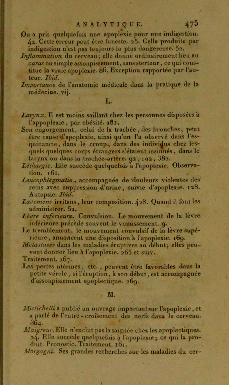 On a pris quelquefois une apoplexie pour une indigestion. 4a. Cette erreur peut être funeste. 25. Celle produite par indigestion n’est pas toujours la plus dangereuse. 52. Inflammation du cerveau; elle donne ordinairement lieu au carusousiinple assoupissement, sanssterteur, ce qui cons- titue la vraie apoplexie. 86. Exception rapportée par l’au- teur. Ibid. Importance de l’anatomie médicale dans la pratique de la médecine, vij. L. Larynx. Il est moins saillant chez les personnes disposées à l'appoplexie, par obésité. 281. Son engorgement, celui de la trachée, des bronches, peut être cause d’apoplexie, ainsi qu’on l’a observé dans l’es- quinancie, dans le croup, dans des individus chez les- quels quelques corps étrangers s’étaient insinués , dans le larynx ou dans la trachée-artère. 92, 102, 382. Léthargie. Elle succède quelquefois à l’apoplexie. Observa- tion. 161. Leucophlegmatie, accompagnée de douleurs violentes des reins avec suppression d’urine, suivie d’apoplexie. 128. Autopsie. Ibid. Lavcmcns irritans , leur composition. 428. Quand il faut les administrer. 5a. Lèvre inférieure. Convulsion. Le mouvement de la lèvre inférieure précède souvent le vomissement. 9. Le tremblement, le mouvement convulsif de la lèvre supé- rieure, annoncent une disposition à l’apoplexie. 169. Métastasés dans les maladies éruptives au début; elles peu- vent donrler lieu h l’apoplexie. 265 et suiv. Traitement. 267. Les pertes utérines, etc. , peuvent être favorables dans la petite vérole , si l’éruption, à son début, est accompagnée d’assoupissement apoplectique. 269. M. Mistichelli a publié un ouvrage importantsur l’apoplexie, et a parlé de l’entre-croisement des nerfs dans le cerveau. 364- Maigreur. Elle n'exclut pas la saignée chez les apoplectiques. 24- Elle succède quelquefois a l’apoplexie ; ce qui la pro- duit. Pronostic. Traitement. 161. Morgagni. Ses grandes recherches sur les maladies du cer-