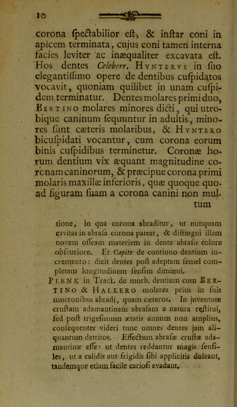 corona fpe&abilior eft-, & inftar coni in apicem terminata, cujus coni tamen interna facies leviter 'ac inaequaliter excavata eft. Hos dentes Celeberr. Hvntervs in fuo elegantiftimo opere de dentibus cufpidatos vocavit, quoniam quilibet in unam cufpi- dem terminatur. Dentes molares primi duo, Bertino molares minores didi, quiutro- bique caninum fequuntur in adultis, mino- res funt caeteris molaribus, & Hvntero bicufpidati vocantur, cum corona eorum binis cufpidibus terminetur. Coronae ho- rum dentium vix aequant magnitudine co- ronam caninorum, & praecipue corona primi molaris maxillae inferioris, quae quoque quo- ad figuram fuam a corona canini non mul- tum % * . tione, in qua corona abraditur, ut nunquam cavitas in abrafa corona pateat, & diftingui illam novam ofleam materiem in dente abrafo colore obfcuriore. Et Capite de continuo dentium in- cremento: dicit dentes pofl: adeptam femel com- pletam longitudinem fenfim diminui. PLENK in Trad. de morb. dentium cum Ber- TINO & Hallero molares prius in fuis mucronibus abradi, quam caeteros. In juventute cruftam adamantinam abrafam a natura rcftitui, fed poft trigefimum aetatis annum non amplius, confequenter videri tunc omnes dentes jam ali- quantum detritos. Effedum abrafa: cruftat ada- mantina: effe: ut dentes reddantur magis fenfi- les, ut a calidis aut frigidis libi applicitis doleant, tandcmque etiam facile cariofi evadant.