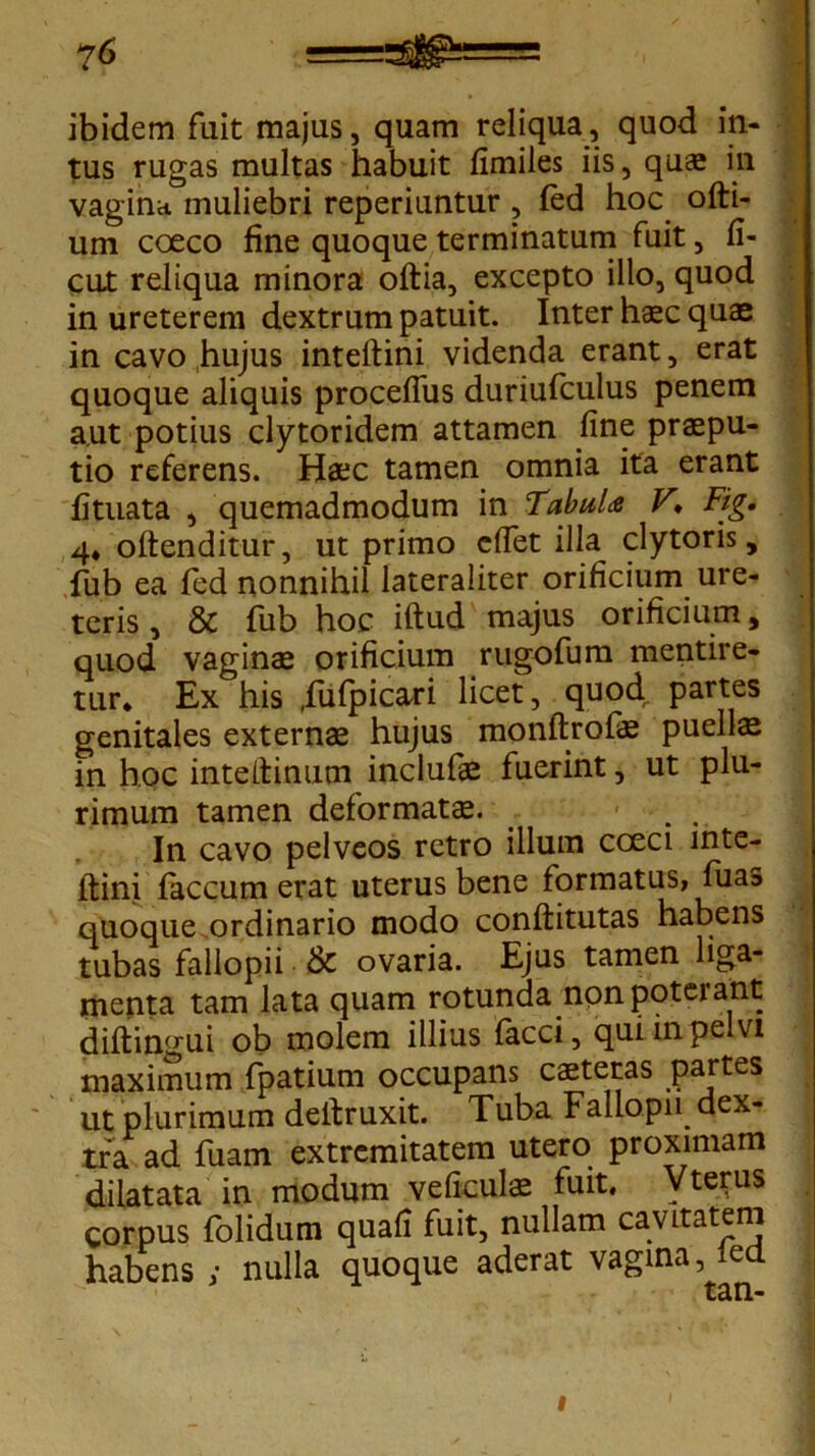 ibidem fuit majus, quam reliqua, quod in- tus rugas multas habuit fimiles iis, quae in vagina muliebri reperiuntur , fed hoc ofti- um coeco fine quoque terminatum fuit, fi- cut reliqua minora oftia, excepto illo, quod in ureterem dextrum patuit. Inter haec quas in cavo hujus inteftini videnda erant, erat quoque aliquis procefTus duriufculus penem aut potius clytoridem attamen fine praepu- tio referens. Haec tamen omnia ita erant fituata , quemadmodum in Tabula V. Fig. 4, offenditur, ut primo efiet illa clytoris, fub ea fed nonnihil lateraliter orificium ure- | teris, & fub hoc iftud majus orificium, quod vaginae orificium rugofum mentire- tur* Ex his ,fufpicari licet, quod partes genitales externae hujus monftrofae puelis in hoc inteitinum inclufae fuerint, ut plu- rimum tamen deformatae. . . In cavo pelveos retro illum coeci inte- itini faecum erat uterus bene formatus, fuas quoque ordinario modo conftitutas habens tubas fallopii & ovaria. Ejus tamen liga- menta tam lata quam rotunda non poterant diftingui ob molem illius facci, qui in pelvi maximum fpatium occupans caetetas partes ut plurimum deltruxit. Tuba Fallopn dex- tra ad fuam extremitatem utero proximam dilatata in modum veficulae fuit, Vterus corpus folidum quafi fuit, nullam cavitatem habens ; nulla quoque aderat vagina, led tan-