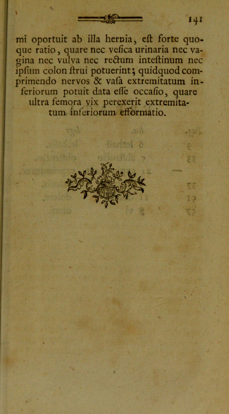 ,4I ===&& mi oportuit ab illa hernia, eft forte quo- que ratio, quare nec ve/ica urinaria nec va- gina nec vulva nec refhim inteftinum nec ipfum colon itrui potuerint; quidquodcom- primendo nervos & va(a extremitatum in- feriorum potuit data efle occafio, quare ultra femora vix perexerit extremita- tum inferiorum efformatio.