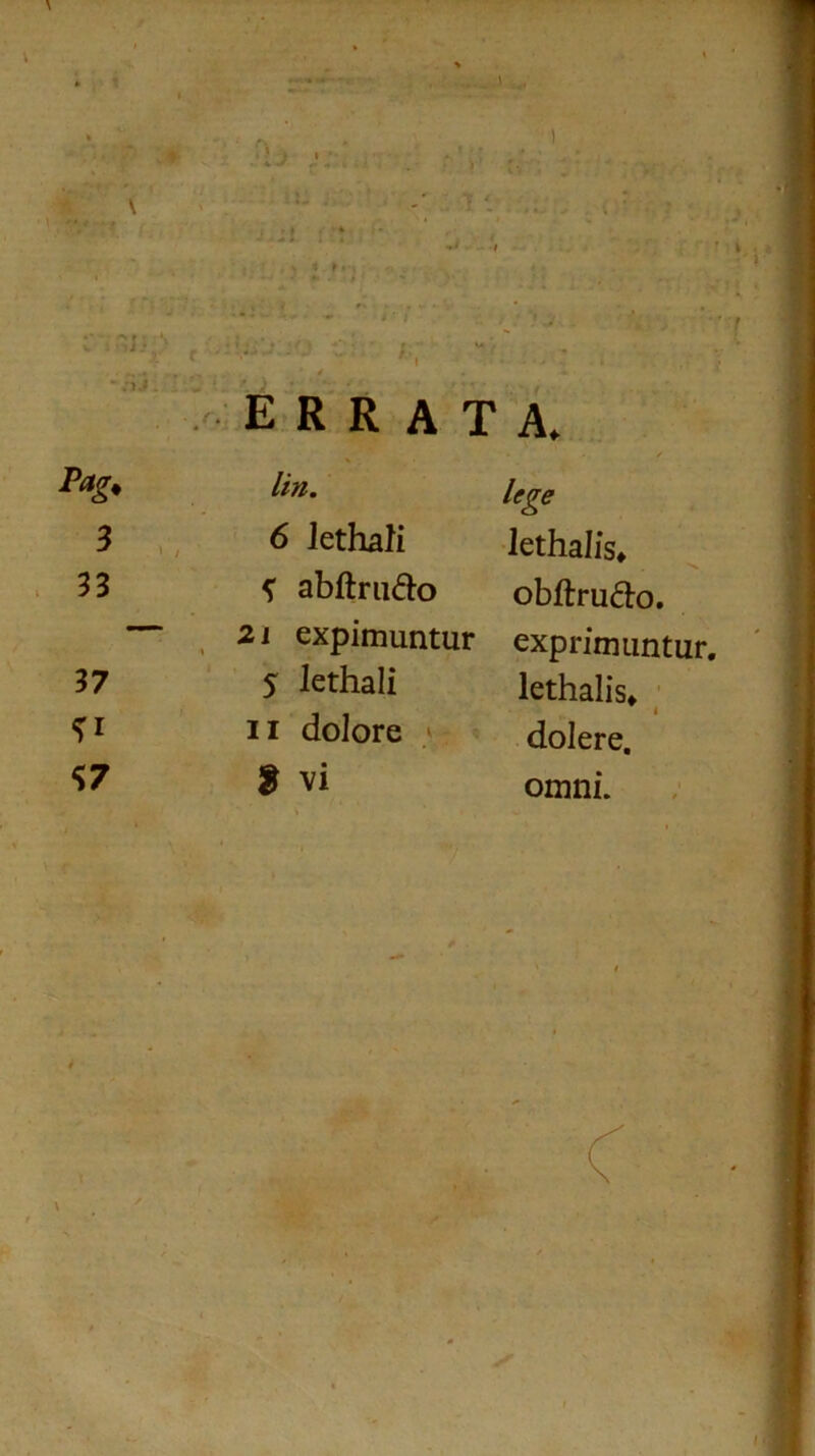 • *?*•* ,, , . .. * • errata. Pttgi lin. ifge 3 6 lethafi lethalis* 33 <; abftrudo obftrudo. — 2i expimuntur exprimuntur. 37 s Icthali lethalis* 11 dolore .» dolere. ^ $ vi omni.