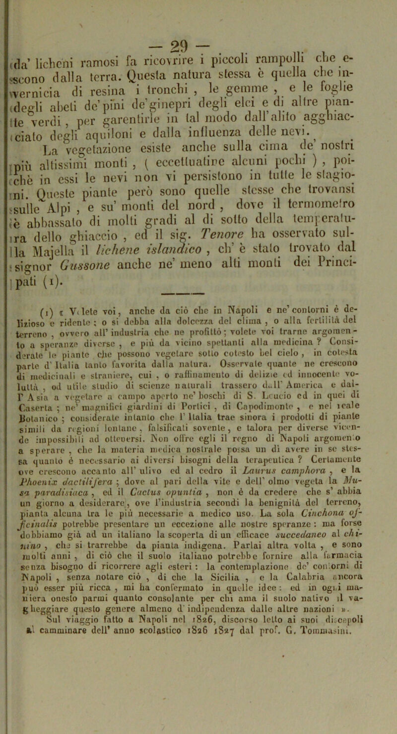 -scono dalla terra. Questa natura stessa è quella che in- ^vernicia di resina i tronchi , le gemme , e le foglie .degli abeti dc’pmi de ginepri degli elei e di altre pian- ile verdi , per garentirle in tal modo dall alito agghiac- -ciato degli aquiloni e dalla intluenza delle nevi. ^ La vegetazione esiste anche sulla cima de’ nostri ;più altissimi monti , ( eccctluatire alcuni pochi ) , poi- ché in essi le nevi non vi persistono in tutte le stagio- ni. Queste piante però sono quelle stesse che trovansi ■sulle Alpi , e su’ monti del nord , dove il termometro ;è abbassato di molti gradi al di sotto della tcm}eralii- ira dello ghiaccio , ed il sig. Tenore ha osservato sul- !la Majella il lichene islandico , eh’è stato^ trovato dal •signor Giissone anche ne’meno alti monti dei Priiici- ipati (i). (i) c Vdele Toi, anche da ciò che in Napoli e ne’contorni è de- lizioso e ridente ; o si debba alla dolcezza del clima , o alla fertilità del terreno , ovvero all’ industria che ne profittò ; volete voi trarne argomen - to a speranze diverse , e più da vicino spettanti alla medicina ? Consi- derale le piante cjie possono vegetare sotto cotesto bel cielo , in cotesta parte d’ Italia tanto lavorila dalla natura. Osservale quante ne crescono di medicinali e straniere, cui , o raHinumeiito di delizie td iniioceiile vo- luttà , od utile studio di scienze naturali trassero d..Il'America e dal-- l’Asia a vegetare a campo aperto ne’boschi di S. Lcucio cd in quei di Caserta ; ne’ magnifici giardini di Portici , di Capodimonte , o nel loale liotaiiico ; considerate intanto clic 1’ Italia trae sinora i prodotti di piante simili da regioni lonlane , falsificali sovente, e talora per diverse vicen- de impossibili ad otteuersi. Non olire egli il regno di Napoli argomen o a sperare , che la materia medica nostrale possa un di avere in se sUs- sa quanto é ncci-ssario ni diversi bisogni della terapeutica ? Certamente ove crescono accanto all’ulivo cd al cedro il Laurus camphora ^ e la Phoenix JactiliJ'era ; dove al pari della vite e dell' olmo vegeta la Mu- sa paradisiaca , ed il Cactus opuntia , non é da credere che s’ abbia un giorno a desiderare, ove l’industria secondi la benignità del terreno, pianta alcuna tra le più necessarie a medico uso. La sola Cinchona oj- Jì'cinalis potrebbe presentare un eccezione alle nostre speranze : ma torse dobbiamo già ad un italiano la scoperta di un clRcace succedaneo al chi- uiiio , clij si trarrebbe da pianta indigena. Parlai altra volta , e sono molti anni , di ciò che il suolo italiano potrebbe fornire alla farmacia senza bisogno di ricorrere agli esteri : la contemplazione de’ con'.orni di Napoli , senza notare ciò , di che la Sicilia , e la Calabria ancora j)uò esser più ricca , mi ha confermato in quelle idee ; ed in ogi.i ma- niera onesto parmi quanto consolante per chi ama il suolo nativo il va- gheggìare questo genere almeno d'indipendenza dalle altre nazioni »■ Sul viaggio fatto a Napoli nel 1826, discorso letto ai suoi di.Ceipoli ft'. camminare dell'anno scolastico 1826 1S27 dal prof. G. Tommasiiti.