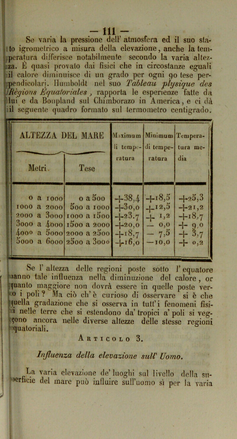 So varia la pressione dell’ atmosfera ed il suo sla- tto igrometrico a misura della elevazione, anche la tem- j;pcratura differisce notabilmente secondo la varia altez- iza. È quasi provalo dai fisici che in circostanze eguali iil calore diminuisce di un grado per ogni 90 lese per- jppendicolari. Humboldt nel suo Tableau plysique des yRègions Equatoriales ^ rapporta le esperienze fatte da Blui e da Boupland sul Chiinborazo in America, e ci dà li il seguente quadro formato sul termometro centigrado. ALTEZZA DEL MARE Maximum Minimum Tempera- li tempi- di tempe- tura me- tatara tatara dia Metri. Tese 1 0 a 1000 1000 a 2000 2000 a 3ooo 3ooo a 4ooo 4-000 a 5ooo 5ooo a 6000 0 a 5oo 5oo a 1000 1000 ai5oo i5oo a 2000 2000 a 2Ò00 2Ò00 a 3ooo -|-38,4. •*|—30j0 -j-23.7 —1^2 0 j 0 -1-18,7 -l-lfijO -1-18,5 -1-12,5 -1- 1,2 — 0,0 - 7.S —10,0 -T2 1,2 -Ì-18.7 1“ 9/® -b 0,7 -1- 0,2 Se r altezza delle regioni poste solfo l’equatore uanno tale influenza nella diminuzione del calore , or Ituanlo maggiore non dovrà essere in quelle poste ver- fo i poli? Ma ciò eh’è curioso di Osservare si è che quella gradazione che si osserva in tutt’i fenomeni fisi- ià nelle terre che si estendono da’ tropici a’ poli si vag- irono ancora nelle diverse altezze delle stesse regioni qualoriali. Articolo 3. Influenza della elevazione sull' Uomo. ; varia elevazione de’ luoghi sul livello della su- perficie del mare può influire suH’uomo si per la varia