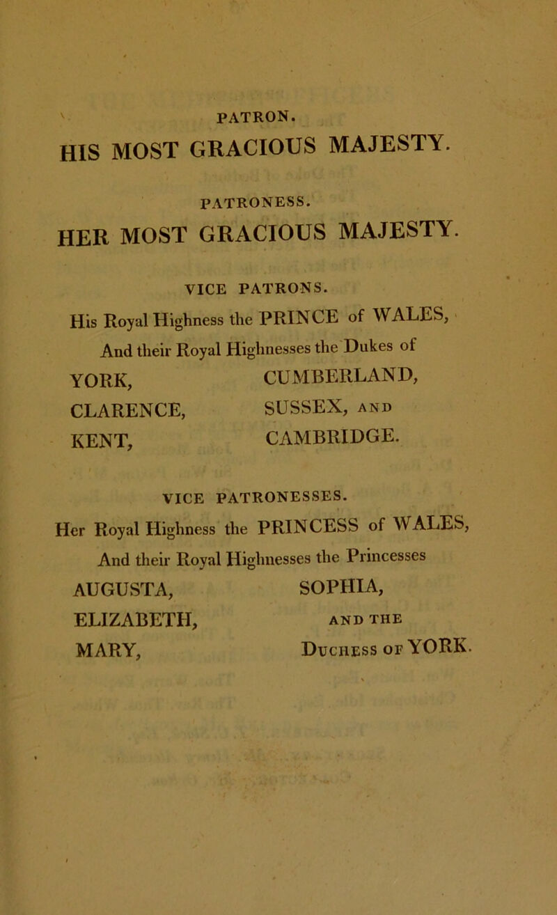 PATRON. HIS MOST GRACIOUS MAJESTY. PATRONESS. HER MOST GRACIOUS MAJESTY. VICE PATRONS. His Royal Highness the PRINCE of WALES, And their Royal Highnesses the Dukes of YORK, CUMBERLAND, CLARENCE, SUSSEX, and KENT, CAMBRIDGE. VICE PATRONESSES. Her Royal Highness the PRINCESS of WALES, And their Royal Highnesses the Princesses AUGUSTA, SOPHIA, ELIZABETH, and the MARY, Duchess OF YORK.