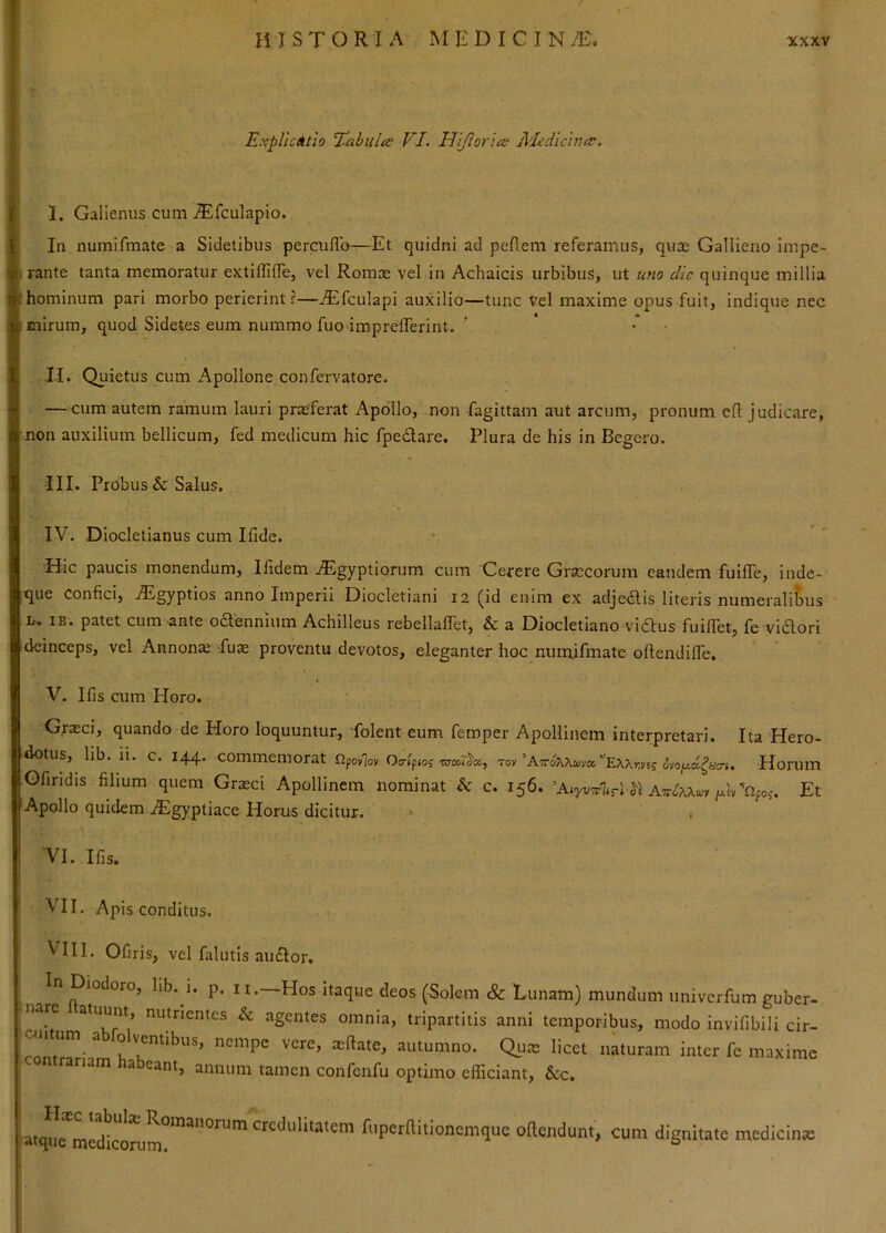 HISTORIA M E D I C I N /E , I 8 i Explicatio 'T-abulce VI. Hijlorlce jllcdichue. I. Gallenus cum ^fculapio. In numifmate a Sidetibus percuflb—Et quidni ad peflem referamus, quse Gallieno Impe- <rante tanta memoratur extillifle, vel Rom^ vel in Achaicis urbibus, ut uno dic quinque millia : hominum pari morbo perierint ?—jEfculapi auxilio—tunc Vel maxime opus fuit, indique nec ! mirum, quod Sidetes eum nummo fuo-imprelTerint. ' II. Quietus cum Apollone confervatore. — cum autem ramum lauri praeferat Apollo, non fagittam aut arcum, pronum efl judicare, non auxilium bellicum, fed medicum hic fpedare. Plura de his in Begero. III. Probus & Salus. IV. Diocletianus cum Ifide. Hic paucis monendum, Ifidem jEgyptiorum cum Cerere Graecorum eandem fuifle, inde- que confici, iEgyptios anno Imperii Diocletiani 12 (id enim ex adjedis literis numeralibus n, iB. patet cum ante oaennium Achilleus rebellaflet, & a Diocletiano vidlus fuiffet, fe vi dori deinceps, vel Annona luae proventu devotos, eleganter hoc nurnifinate oflendifle. V. Ifis cum Horo. Graeci, quando de Horo loquuntur, folent eum feroper Apollinem interpretari. Ita Hero- dotus, lib. ii. c. 144. commemorat npovlov Oa-ifio? 'loy'A7r6\Xmcx,’'Ex\rM5 dvof/.oi^iia-i. Horum Gfindis filium quem Graeci Apollinem nominat & c. 156. Et ‘Apollo quidem iEgyptiace Horus dicitur. VI. Ifis. \II, Apis conditus. ^III. Ofiris, vel falutis au£lor. In Diodoro, hb. i. p. n. Hos itaque deos (Solem Sc Lunam) mundum univerfum guber- ime atuunt, nutrientes & agentes omnia, tripartitis anni temporibus, modo invifibili cir- • ^ oRentibus, nempe vere, aeftate, autumno. Quae licet naturam inter fe maxime ntrariam habeant, annum tamen confenfu optimo efficiant, &c. •atq!!e*mefficorum^^^ Hiperfiitionemque ollendunt, cum dignitate medicina