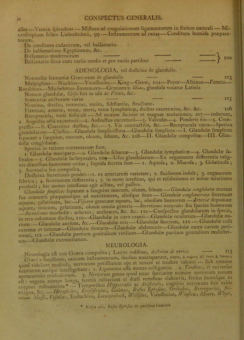 alba Vernix fplendens — Miftura ad coagulationem ligamentorum in fceleto naturali — Mi- crofeopium fol^re Lieberkuhnii, 99 — Inftrumentum ad ranas — Conditura humida praepara- torum. De conditura cadaverum, vel balfamatio. De balfamatione Egyptiorum, &c. Balfamatio modernorum _ _ \ jqq Balfamatio ficca cum variis modis et pro variis partibus ' / ADENOLOGIA, vel doflrina de glandulis. Nonnullae fententiae Graecorum de glandulis X/T 1 M 11 103 iNonnuiitc leiiicmikc vjiiccuiui.ii uu giaiiULmo Malpighius—Nuckius—VieulTenius — King—Grew, 104—Peyer—Albiiius—Ferrein- Ruyfcbius Michelottus-Inventores—Graecorum glandula vocatur Latinis Nomen glandulae, Celjo fuit in ufu ac Plinio, &c. Sententiae aiiflorum variae 105 Nomina, divifio, numerus, moles, fubftantia, flrudlurae. Firmitas, arteria, venae, nervi, venae lymphatica, du£tus excretorius, &c. &c. _ 106 Receptacula, varii folliculi — Ad moram faciunt-et magnas mutationes, 107 — inducunt, I Angidtia odii excretorii—2. Anfraflus excretorii—3. Valvulae—4. Ponderis vis—5. Com- preflio —6. Coarcetur duaus, &c..—7. Vis contraaUis, &c.—Receptacula caeca—Species glandularum—Clalfes—Glandula fimpliciflima—Glandulae fimplices — I. Glandulae fimplices feparant a fanguine, mucum, oleum, febum, &c. 108—II. Glandulae compofitae—III. Glan- dulae conglobatae. Species in ratione contentarum funt. , , , , • j 1 r I. Glandulze mucipara;—2. Glandulae febaceae—3. Glandulae lymphatica—4. Glandula la- ]ivaies Glandulje lachrymales, 109—Ufus glandularum—Ex organorum difterentia infig- nis diverfitas humorum oritur ; liquida fecreta funt— i. Aquofa; 2. Mucofa ; 3. Gelatinofa ; <. Anomalia feu compofita. _ _ • 1 , Dodrina fecretionis pendet—i. ex arteriarum varietate; 2. fluidorum indole; 3. organorum fabrica ; 4. fecretorum difterentia ; 5. in motu inteftino, qui et refolutiones et novas mixtiones producit; hic motus inteftinus agit adive, vel paffive. , 7 , Glandula fimplices feparant a fanguine mucum, oleum, febum —Glandula conglobata mutant fua contenta prsparantque ad nutritionem, aliofque fines—Glandula conglomerata \&ctn\nnt aciuam Pelatiiiam, lac—generant aquam, lac, oleofum humoremdeponunt aauam’, mucum, gelatinam, oleum omnis gtxx&xis—Secretiones naturales {tn fpecies humorum ...Secretiones xrvox\io{^-. achores; anthraces, &c. &c. ilo-^onfpeaus glandularum m f^pecie, in tres columnas divifus, no—Glanduls in cavo cr^ii--Glandul^ oculorum-^landula; na- rium — GlandulcE aurium, &c.—Glandula oris — Glandulae faucium, iii — Glandulae colli externiE et interna:—Glandulie thoracis—Glandulae abdominis—Glandula extra cavum peri- tonei, 112 —Glandule partium genitalium virilium—Glandule partium genitalium muliebri- CX.trGlTllt3tUlTl* NEUROLOGIA. Neurologia eft vox Greca compofita ; Latine redditur, doBrina de nervis a funaione, unicum inftrumentum, duobus nuncuparunt, w.p.», a et r.vo. a r.»».; QuS^adelicermufculi, nervorum potiffimum ope et nutare et tendere vakant - Sub nomme nervorum antiqui intelligebant: 1. Ligamenta olfa mutuo colligantia. . 2. Tendines, et univerf^ anoneurofes mufculorum. 3. Nervorum genus quod nunc fpeciatirn nomine nervorum^notum e!l* oreana nempe longa, teretia calvariam et dorfi vertebras elabcniia, fenfus motu.4ue m c rDore^inftrumenta*-® Temporibus H/ffort-aA zc Anfald,,, cognmo tiervmrum fmt valde ex |ul°to Erljijir^lus, GaU«u,, Rufus Epu/m, Or.lgm Bsr,,,gar,u,, Ns- Sr refalius, Eu lacl.iuf, Lcmwenhsck, PVHliJm,, Vieuiremus, If mfow, Mours, myll. II NfPf» fiiv, Rufus Ephefius de partibus homini*