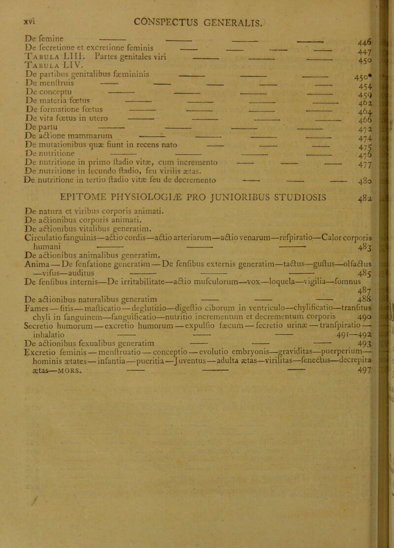 De femine De fecretione et excretione feminis Tabula LIII. Partes genitales viri Tabula LIV. De partibus genitalibus fasmininis De menftruis De conceptu De materia foetus De formatione foetus De vita foetus in utero De partu De adlione mammarum De mutationibus quse fiunt in recens nato — De nutriiione De nutritione in primo ftadio vita:, cum incremento De nutritione in iecundo ftadio, feu virilis astas. De nutritione in tertia ftadio vitas feu de decremento EPITOME PHYSIOLOGIA PRO JUNIORIBUS STUDIOSIS 48'z De natura et viribus corporis animati. De adlionibus corporis animati. De aftionibus vitalibus generatim. ' Circulatio fanguinis—adio cordis—a£lio arteriarum—a£tio venarum—refpiratip—Calor corporis humani 483 De adlionibus animalibus generatim. Anima — De fenfatione generatim — De fenfibus externis generatim—ta£lus—guftus—olfadlus —vifus—auditus 485 De fenfibus internis—De irritabilitate—a£lio mufculoruin—vox—loquela—^vigilia—fomnus 487 De adlionibus naturalibus generatim — 48& Fames — litis—mafticatio — deglutitio—digeftio ciborum in ventriculo—chylificatio—tranfitus chyli in fanguinem—fanguificatio—nutritio incrementum et decrementum corporis 490 Secretio humorum — excretio humorum — expulfio fascum — fecretio urinas — tranfpiratio — inhalatio 49^—49^^ De adlionibus fexualibus generatim _ _ 493 Excretio feminis — menftruatio — conceptio — evolutio embryonis—graviditas—puerperium— hominis astates—infantia—pueritia—Juventus—adulta aetas—virilitas—fenedtus—decrepita aetas—mors. 497 44^ 447 450 450* 454 459 462 464 466 472 474 475 476 477 480 I A' r 4: 4