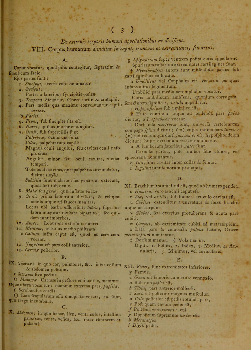 I I « I n r !f; 1:. i 9 a j ( 3 ) Di externis corporis humani appellationibus ac dlx^ljione. VIII. Corpus humanum dividitur in 'caput^ truncum ac extremitates, feu artus. A. Caput vocatur, quod pilis contegitur, feparatim & limul cum facie. Ejus partes funt: X. Sinciput, averfk vero nominatur z. Occiput; Partes a lateribus fyncipitis pofitae 3. Tempora dicuntur, Graece corlbe & crotaphi. 4. Pars media qua maxime convolvuntur capilli vertex, h Facies. 5. Frons, fub (incipite fita eft. 6. Nares, quibus mucor emungitur. 7. Oiuli, fub fuperciliis funt Palpebres, oculorum folia Cilia, palpebrarum capilli Magnus oculi angulus, feu cavitas oculi nafo proxima Angulus minor feu oculi cavitas, vicina tempori. Tota oculi cavitas, quae palpebris circumdatur, dicitur tarfus Subcilia funt malarum feu genarum extrema,, quod fint fub oculo- 8. Mala ^cugena, quae inflatae bucca 9. Ox eft prima labiorum divifura, & reliqua omnis ufque ad fauces inanitas. Locus ubi barba efflorefcit, labia ■, fuperius labrum tegitur myftace bipartito ; fed qui- dam funt imberbes. 10. Aures. Lobus eft extremitas auris 11. Mentum, in cujus medio philtrum c Collum infra caput eft, quod et cervicem, vocant. 12. Jugulum eft pars colli anterior- 13. Cervix poiitTiox. g Epigajlrium fuper ventrem pofita curis appellaturi Spuriarumcoftarum extremitates cartilagines 'funt. Hypochotidria autem funt mhfculofa; partes fub cartilaginibus collocatae. h Umbilicus vel Omphalos eft venarum per quas infans alitur Tegmentum. . ^ Umbilici pars media acromphalon vocatur. Cutis umbilicum ambVeus, quon,ium corrugafa feneflutem fignificat, vetula appellatur, i HjpogaJirium iuh ximhiVsco k Huic continua ufque ad pudenda pars pubes dicitur, alii ephebaon vocant. 1 Dorfi offa vertebra funt, univerfa vertebrartTm. compago fpi?ia dicitur j (ra) cujus infima pars lumbi ; (n) poftrcmumque dorfi Jacrum os eft, hypofphondelon dicitur ; hujus extremum nominatur, o A lumborum lateribus nates funt. Carnofaj partes, poft lumbos fita: clunes^^ vel; ephedrana nominantur. q Ilia, funt cavitas inter coftas & femur, r Inguina funt femorum principia. D. XI. Brachium totum illud eft, quod ab humero pendet- s Humerus vero brachii caput eft. t Ala, vel axilla, fub humeri articulo cavitas eft. u Cubitus extenditur a ••curvatura & flexu brachii’ ufque ad carpum V Gibber, feu exterius protuberans & acuta pars cubiti. \v Carpus, ab extremitate cubiti ad metacarpium. X Lata pars & compafla palma Latine, Grsece metacarpium nominatur. + Dorfum manus. § Vola manus. Digiti. 1. Pollex, 2. Index, 3. Medius, 4. An- nularis, 5. Minimus, vel auricularis, , B. IX. Thorax-, in quo-cor, pulmones, &c. inter collum & abdomen pofitum. e Sternum five peftus O Mamma. Carneae in pcflore eminentim, mammae >tque ubera vocantur : mammae extrema pars, papilla. ( Scrobiculus cordis. 0 Lata fcapularum offa omoplatae vocata, ea funt, quae tergo incumbunt. C. X. Abdomen-, in quo hepar, lien, ventriculus, inteftina pancreas, renes, vcfica, &c. inter thoracem et pubem 1 E.. XII. Pedes, funt extremitates inferiores> y Femur. z Genu eft femoris cum crure connexio. a Sub quo poples eft- b Tibia, pars anterior m.alleoli. c Sura eft pofterior magnus mufculus. d Calx pofterior eft pedis rotunda pars, e Poft quam cavum pedis eft, f Poft hoc vero plauta ; cui g Oppofitum ftipremum tarfus eft. b Metatarfus i D/jg/V/pedis. t