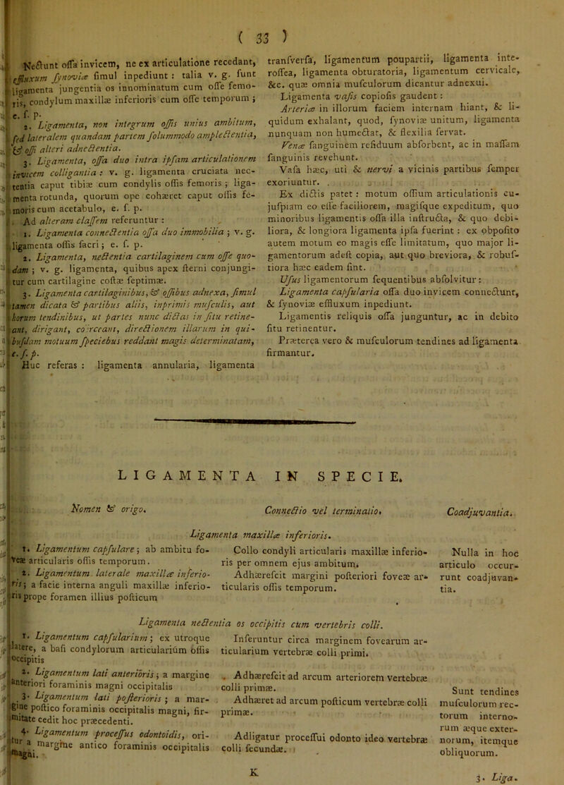 Ke£^unt olTa invicem, ne ex articulatione recedant, -fjliixtim fyn(yvics fimul inpediunt : talia v. g. funt ligamenta jungentia os innominatum cum offe femo- ris, condylum maxillae inferioris cum ofTc temporum ; c. f- p- . ; • t. Ligamnita, non integrum ojfis unius ambitum, Jed lateralem quandam partem folummodo ampleilentia, ojfi alteri adnedientia. 3. Ligamenta, ojfa duo intra ipfam articulationem invicem colligantia ; v. g. ligamenta cruciata nec- tentia caput tibix cum condylis oflTis femoris ; liga- menta rotunda, quorum ope cohaeret caput ollis fe- moris cum acetabulo, e. f. p. • Ad alteram claJTem referuntur : I. Ligamenta connedlentia oJfa duo immobilia 5 v. g. ligamenta offis facri; e. f. p. i. Ligamenta, neSentia cartilaginem cum ojfe quo‘- ^\dam ; v. g. ligamenta, quibus apex fterni conjungi- tur cum cartilagine coftae feptimae. 3. Ligamenta cartilaginibus, & ojjibus adnexa, fimul 'tamen dicata partibus aliis, inprimis mitfculis, aut horum tendinibus, ut partes nunc didlas in fitu retine- ant, dirigant, cdirceant, diredlionem illarum in qui- biifdam motuum fpeciebus reddant magis determinatam, t.f.p. iluc referas : ligamenta annularia, ligamenta tranfverfa, ligamentum poupartii, ligamenta inte- roffea, ligamenta obturatoria, ligamentum cervicale, &c. quae omnia mufculorum dicantur adnexui. Ligamenta vafis copiolis gaudent: Arteria; in illorum faciem internam hiant, &: li- quidum exhalant, quod, fynoviae unitum, ligamenta nunquam non humeftat, & flexilia fervat. Fenee fanguinem reliduum abforbent, ac in maflara fanguinis revehunt. Vafa hsec, uti & tiermi a vicinis partibus femper exoriuntur. . _ 1 Ex di£lis patet; motum offium articulationis cu- jurpiam eo efle faciliorem, magifque expeditum, quo minoribus ligamentis olTa illa inftrufla, & quo debi- liora, & longiora ligamenta ipfa fuerint: ex obpofito autem motum eo magis efle limitatum, quo major li- gamentorum adeft copia, aut quo breviora, & robuf- tiora hsec eadem fint. ligamentorum fequentibus abfolvitur: Ligamenta capfularia olTa duo invicem conne61unt, & fynovisE effluxum inpediunt. Ligamentis reliquis ofla junguntur, ac in debito fitu retinentur. Praeterea vero & mufculorum tendines ad ligamenta firmantur. P* i (1. t» - LIGAMENTA IN SPECIE. homen origo. Connediio vel terminatio. Ligamenta maxillee inferioris. ab ambitu fo- Collo condyli articularis maxillae inferio- ris per omnem ejus ambitum» Adhaerefcit margini pofteriori foveae ar* ticularis offis temporum. I. Ligamentum capfulare >fcae articularis offis temporum a. Ligamentum laterale maxilla inferio- ,ris\ a facie interna anguli maxillae inferio- sris prope foramen illius podicum I . _ ' j Ligamenta neBentia os occipitis cum vertebris colli. j | Ligamentum capfulariam', ex utroque Inferuntur circa marginem fovearum ar- if Jatere, a bafi condylorum articularium Olfis ticularium vertebrae colli primi. ' Occipitis Coadjuvantia, Nulla in hoc articulo occur- runt coadjuvan* tia. i,. Ligamentum lati anterioris •, a margine lanteriori foraminis magni occipitali» Ligamentum lati pojierioris ; a mar- ;6'ne poftico foraminis occipitalis magni, fir- lOiitate cedit hoc praecedenti. 4- Ligamentum procejfus odontoidis, ori- antico foraminis occipitalis . Adhaerefcit ad arcum arteriorem vertebrae colli primae. Adhaeret ad arcum pofticum vertebrae colli primae. Adligatur proceflui odonto ideo vertebrae colli fecundae. Sunt tendines mufculorum rec- torum interno- rum aeque exter- norum, itemque obliquorum. 3. Liga.