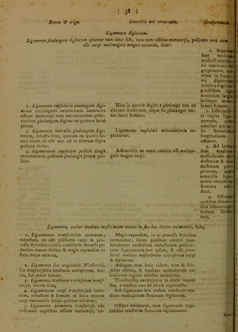 JfoweK ^ orf^9. Conne£}Io vel fermhiMh, Coadjuvantia, ! Ligamenta digitorum. Ligamenta phalangum digitorum quatuor tum inter fefe, tum cum ofllbus metacarpi, pollicem vero cum ufTe carpi multangulo magno unientia, funt: t. Ligamenta capfularia phalangum digi‘ torum conjungunt extremitates anteriores offium metacarpi cum extremitatibus pofte- rioribus phalangum digitorum quatuor feriei primae. 2. Ligamenta lateralia phalangum digi- torum, robulla funt, quorum ex quovis la- tere unum ab olTe uno ad os alterum fupra pofitum fertur, 3. Ligamentum capfulare pollicis cingit extremitatem pofticam phalangis primae pol- licis. Hinc in quovis digito a phalange una ad alteram decurrUnt, atque fic phalanges om- nes limul firmant. Ligamento plantatur. capfulari articulationis in- Adhaerefcit ex omni ambitu olTi multan- gulo magno carpi. I, SuperiuiK funt tendinesa mufculi extenfo-.. ris communis &!, propriorum, qui- etiam in fupcij-.i ori digitnrnmp membia vaginam» praidiflara lig»_< nientofam largiiu utrinque mem-s branis firmant. 2. Inferius il- la vagina liga- mentofa, qutfs omnibus articu- lis fecundum» longitudinem adhaeret. 3. Ad laterat funt tendine»! mufculorum ad- duftorum & ab- duftorura pro—« priorum, quseq nonnulla liga- menta obiculariai firmiora red dunt. 4. Odlculat quaedam fefamo- j idea articulorumq motum 'facilW tant. 1 Ligamenta, quibus' tendines mufculorum manus in Jiiu fuo debito retinentur, funt/ I, Ligamentum tranfverfale externum ; fobuftum, ab ofle pififormi carpi & pro- ceflu ftyloideo cubiti, tranfverfo decurfu per dorfum manus fertur, & magis expanfum in facie hujus externa, t. Ligamenta fex vaginalia Winflowli, fcu tranfverfalia tendinum extenforum, bre- via. fub priori haerent. 3. Ligamenta tendinum extenforum tranf- verfa, brevia funt, 4. Ligamentum carpi tranfverfale inter- num, robuflum & firmum in facie interna carpi eminentiis hujus quatuor adhaeret; 5. Ligamenta palmaria tranfverfa ad- neftuntur capitibus offium metacarpi, cx- Magis expanfum, in ac procefTu ftyloideo terminatur j fibras quafdam emittit tran- fccndentes mufculum abdu£lorem pollicis : inter ligamentum hoc ipfum, & offa tran- feunt tendines mufculorum extenforum carpi & digitoo um, Adligata tum huiq eidem, tum & fub- je£Hs olfibus, & tendines mufculorum ex- tenforum vagina; adinftar amicientia. Tranfverfim excurrentia in dorfo manus fita, a tendine uno ad alium exporrefta. Sub ligamento hoc eodem tranfeynt ten- dines mufculorum flexorum digitorum. i. (* li ii Ofllbus metacarpi, tum ligamentis vagi- nalibus tendinum flexorum inplantantur. hinc