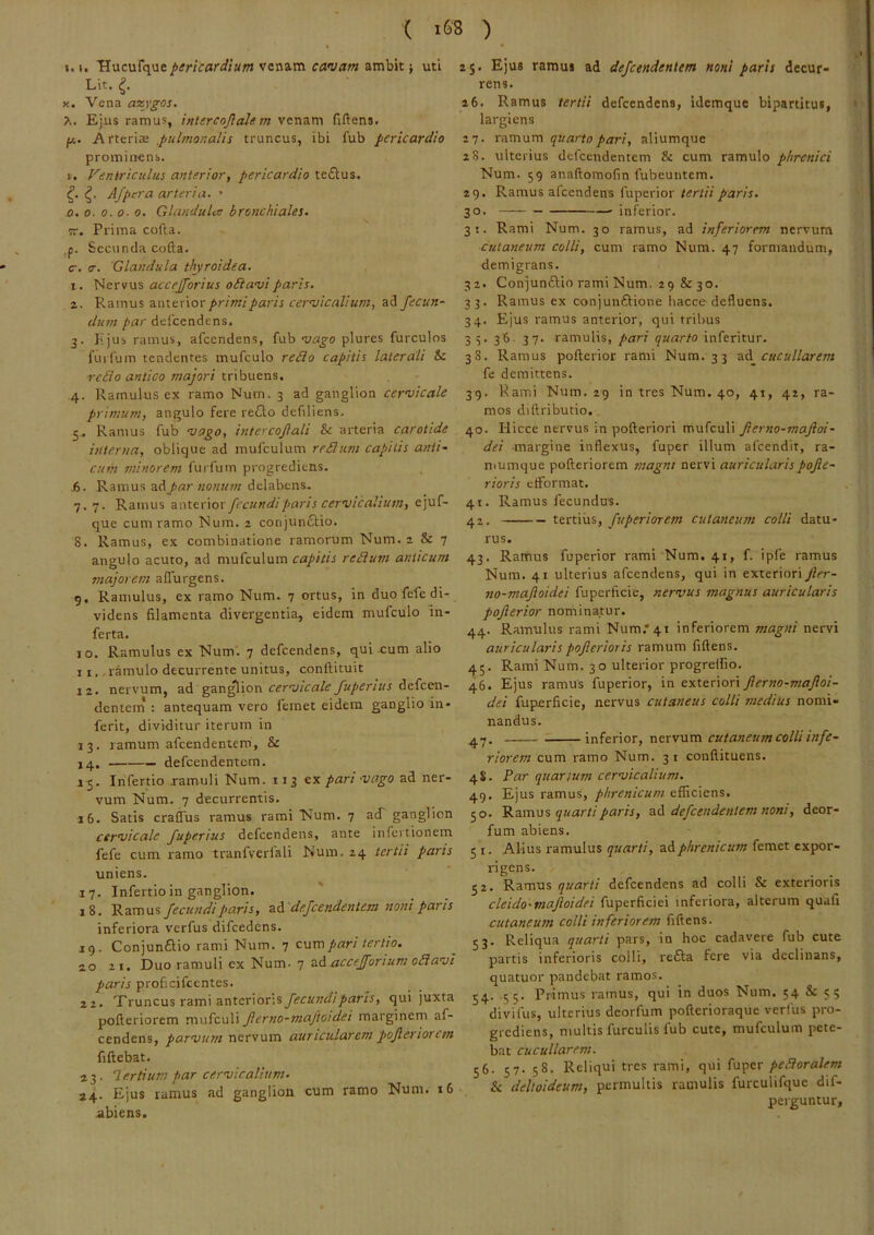 1.1. 'Hucufque pericardium venam calvam ambit; uti Lit. X. Vena azygos, K, Ejus ramus, intercojialem venam fiftens. /X. Arteriae ,pulmonalis truncus, ibi fub pericardio prominens. r. Ventriculus anterior, pericardio te£lus, Afpcra arteria. • .0. 0. 0. 0. 0. GlanJulcs bronchiales. <!T. Prima cofta. p. Secunda cofta. <r. cr. Glandula thyroidea. 1. Nervus aecejforius oSianji paris. 2. Ramus anteriortvri;;Vrj//KOT, ad fecun~ dum par delcendens. 3- Ejus ramus, afeendens, fub plures furculos furfum tendentes mufculo re£lo capitis laterali & redi0 antico tnajori 4. Ramulus ex ramo Num. 3 ad ganglion cervicale pn imum, angulo fere reito defiliens. 5^ Ramus fub vago, intercojlali & arteria carotide interna, oblique ad mufculum reSliim capitis anti- cum minorem furfum progrediens. j6. Ramus ad par nonum delabens. 7.7. Ramus fecundi paris cervicalium, ejuf- que cum ramo Num. 2 conjunctio. 8. Ramus, ex combinatione ramorum Num. 2 & 7 angulo acuto, ad mufculum redum anticum majorem affurgens. 9. Ramulus, ex ramo Num. 7 ortus, in duo fefe di- videns filamenta divergentia, eidem mufculo in- ferta. 10. Ramulus ex Num'. 7 defeendens, qui cum alio II., ramulo decurrente unitus, conftituit 12. nervum, ad gan^ion cervicale fuperius defeen- dentern : antequam vero femet eidem ganglio in- ferit, dividitur iterum in 13. ramum afeendentem, & 14. defeendentem. 15. Infertio ramuli Num. 113 ex pari vago ad ner- vum Num. 7 decurrentis. 16. Satis crafius ramus rami Num. 7 a(f ganglion cervicale fuperius defeendens, ante infertionem fefe cum ramo tranfverfali Num. 24 tertii paris uniens. 17. Infertio in ganglion. 18. 'Rs.mxx^ fecundi paris, &A defeendentem noni paris inferiora verfus difcedens. 19. Conjunflio rami Num. 7 c\smpari tertio. 20 21. Duo ramuli ex Num- 7 accejfortum odavi paris proficifeentes. 22. Xruncus rami anteriorisqui juxta pofteriorem mufculi Jierno-mafioidei marginem af- eendens, parvum nervum auricularem pojieriorem fiftebat. 2 3. ‘lertium par cervicalium. 24. Ejus ramus ad ganglion cum ramo Num. 16 abiens. 25. Ejus ramus ad defeendentem noni paris decur- rens. 26. Ramus tertii defeendens, idemque bipartitus, largiens 27. xtsmnm quarto pari, aliumque 28. ulterius defeendentem & cum ramulo phrenici Num. 59 anaftomofin fubeuntem. 29. Ramus alcendens fuperior tertii paris. 30. inferior. 31. Rami Num. 30 ramus, ad inferiorem nervum cutaneum colli, cum ramo Num. 47 formandum, demigrans. 32. Con^unftio rami Num. 29 & 30. 33. Ramus ex conjunftione liacce defluens. 34. Ejus ramus anterior, qui tribus 3 V 3^ 37' ramulis, pari quarto inferitur. 38. Ramus pofterior rami Num. 33 ad_ ir«ra//<2rfwi fe demittens. 39. Rami Num. 29 in tres Num. 40, 41, 42, ra- mos diftributio. 40. Hicce nervus in pofteriori mufculi Jierno-mafioi- dei margine inflexus, fuper illum afeendit, ra- niumque pofteriorem magni nervi auricularispojle- rioris efformat. 41. Ramus fecundus. 42. tertius, fuperiorem cutaneum colli datu- rus. 43. Ramus fuperior rami Num. 41, f. ipfe ramus Num. 41 ulterius afeendens, qui in exteriori Jler- no-maftoidei fuperficie, nervus magnus auricularis pofterior nominatur. 44. Ramulus rami Num.*4i inferiorem magni nervi auricularis pofterioris ramum fiftens. 45. Rami Num. 30 ulterior progreffio. 46. Ejus ramus fuperior, in exteriori fterno-maftoi- dei fuperficie, nervus cutaneus colli medius nomi- nandus. 47. inferior, nemxtm cutaneum colli infe- riorem cum ramo Num. 31 conflituens. 4S. Par quartum cervicalium. 49. Ejus ramus, phrenicum efficiens. 50. Pitiixwss quarti paris, defeendentem noni, deor- fum abiens. 5 I. Alius ramulus quarti, ad phrenicum femet expor- rigens. 52. Ramus quarti defeendens ad colli & exterioris cleido-maftoidei fuperficiei inferiora, alterum quafi cutaneum colli inferiorem fiftens. 53. Reliqua quarti pars, in hoc cadavere fub cute partis inferioris colli, refla fere via declinans, quatuor pandebat ramos. 54' 5 5' Pfiititis ramus, qui in duos Num. 54 & 55 divifus, ulterius deorfum pofterioraque verfus pro- grediens, multis furculis fub cute, mufculum pete- bat cucullarem. 56. 57. 58. Reliqui tres rami, qui fuper pedoralem & deltoideum, permultis ramulis furculifque dif- perguntur.