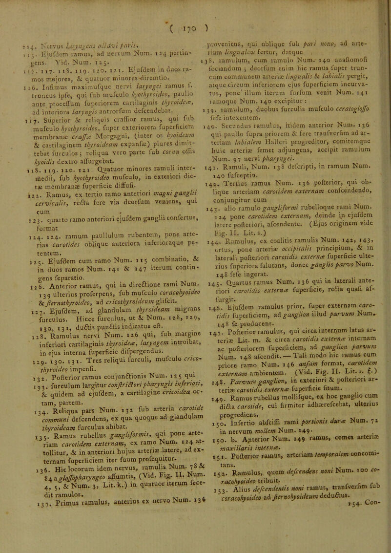 ?i4- o.:itXvi paris. 1 1 j. lijufdcm ramus, ad nervum Num. 124 pertiu- j;cns. Vid. ISum. T25. I 1 117. 1 iS. 119. 120. 121, Ejufdcm in duos ra- mos majores, & quatuor iviinoreS'<iiremiio. J16. Infimus maximufquc nervi laryngei ramus f. truncus ipfe, qui fub mufculo hyotliyroleieo, paullo ante ptoceffum fuperiorem cartilaginis ihyroideie, ad interiora laryTigis antrorfum defeendebat. 117. Superior Sc reliquis craffior ramus, qui fub mufculo hyothyroideoi fuper exteriorem fuperficiem membranae crajfeo Morgagni, (inter os hyoideum &i cartilaginem thyroideam expanfae) plures dimit- tebat furculos ; reliqua vero parte fub cornu olfis hyoidii dextro alTurgebat. 118. 119. 120. 121- Quatuor minores ramuli inter- medii, fub hyothyroideo mufculo, in exteriori dic- ta; membrana; fuperficie diffuli. 122. Ramus, ex tertio ramo anteriori cervicalis, re6Va fere via deorfum veniens, qui cum 123. quarto ramo anteriori ejufdem ganglii confertus, format 124. 124. ramum paullulum rubentem, pone arte- rias carotides oblique anteriora inferioraque pe- tentem. 125. Ejufdem cum ramo Num. 115 combinatio, & in duos ramos Num. 141 & 147 iterum contin- gens feparatio. 126. Anterior ramus, qui in direftione rami Num. 139 ulterius proferpetis, fub mufculo coracohyoideo & fiernothyroideo, ad cricothyroideum glifeit. 127. Ejufdem, ad glandulam thyroideam migrans furculus. Hicce furculus, ut & Num. 128, 129, 13Q, 131, duftis pun£lis indicatus eft. 128. Ramulus nervi Num. 126 qui, lub margine inferiori cartilaginis thyroidea, laryngem introibat, in ejus interna fuperficie difpergendus. 129. 130. 131. Tres reliqui furculi, mufculo mVo- thyroideo impenfi. 132. Pofterior ramus conjunftionis Num. 125 qui 133. furculum \2cTg\t\xxconftriiloripharyngis inferiori, & quidem ad ejufdem, a cartilagine cricoidea or- tam, partem. 134. Reliqua pars Num. 13^ fub arteria carotide communi defeendens, ex qua quoque ad glandulam thyroideam furculus abibat. 135. Ramus rubellus gangliformis, qui pone arte- riam carotidem externam, ex ramo Num. 124 at- tollitur, & in anteriori hujus arteriae latere, ad ex- ternam fuperficiem iter fuum profequitur- 136. Hic locorum idem nervus, ramulis Num. 78 & %x2LgloJfopharyngeo affumtis, (Vid. Fig. II. Num. 4, 5;& Num. 3, Lit. k.) in quatuor iterum fece- dit ramulos. J37. Primus ramulus, anterius ex nervo Num. 13* jirovcnieus, qui oblique fub pati nono, ad arte- riam lingualem fertur, datque 138. ramulum, cum ramulo Num. 140 auaflomofi fodandum ; deorfum cuim hic ramus^lupcr trun- cum communem ancria; lingualis & labialis pergit, atque circum inferiorem ejus fuperficiem incurva- tus, pone’illum iterum furfuin venit Num. 141 lamoque Num. 140 excipitur: 139. ramulum, duobus furculis ceraloglojfo fefc intexentem. 140. Secundus ramulus, itidem anterior Num. 136 qui paullo fupra priorem & fere tranfvcrfim ad ar- teriam labialem Hallcrl progreditur, comitemque huic arteriae femet adjungens, accipit ramulum Num. 97 nervi pharyngei. 141. Ramuli, Num. 138 deferipti, in ramum Num. 140 fufeeptio. 142. Tertius ramus Num. 136 pofterior, qui ob- lique arteriam carotidem externam confeendendo, conjungitur cum 143. alio vaxanXo gangliformi rubclloque rami Num. 1 24 pone carotidem externam, deinde in ejufdem latere pofteriori, afeendente. (Ejus originem vide Fig. II. Lit. s.) 144. Ramulus, ex coalitis ramulis Num. 142, 143» ortus, pone arteriae occipitalis principium, & in laterali pofteriori carotidis cxternce fuperficie ulte- rius fuperiora falutans, donec /aratu Num. 148 fefe ingerat. 145. Quartus ramus Num. 136 qui in laterali ante- riori carotidis externee fuperficie, re£la quafi af- furgit. 145. hjufdem ramulus prior, fuper externam raru- tidis fuperficiem, ad ganglion illud parvum Num. 148 fe producens. 247. Pofterior ramulus, qui circa internum latus ar- teriae Lit. m. & circa carotidis exiernx internam ac pofteriorem fuperficiem, ad ganglion parvum Num. 148 afeendit. — Tali modo hic ramus cum priore ramo Num. 146 anfam format, carotidem externam rcca\}\trttera. (Vid. Fig. II. Lit. ». |.) 148. Parvum ganglion, in exteriori & pofteriori ar- teriae carotidis externis fuperficie (itum. 149. Ramus rubellus mollifque, ex hoc ganglio cum di6la carotide, cui firmiter adha;refcebat, ulterius progrediens. 150. Infertio abfeiffi rami portionis duris Num. 7» in. nervum mollem Num. i49* 150. b. Apterior Num. 149 ramus, comes arteriae maxillaris internis. 15 I. Pofterior ramus, arteriam temporalem concomi- tans. 152. Ramulus, quem defeendens noni Num. 100 co- racoliyoideo tribuit. r r r v. 153. Alius defeendentis noni ramus, tranfverlim lu coracohyoideo tsii fernohyoideum deduftus. ^54*