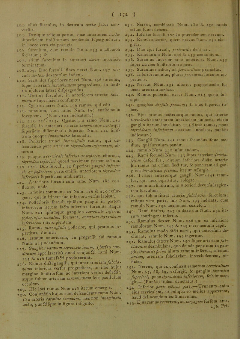 204- alius furculus, in dextrum aortee Jatus con- verfus. 20',. Denique reliqua portio, quse anteriorem liipcrficiem linifti oi fum tendendo fupergreditur; in Incce vero via porrigit 2o(i. furculum, cum ramulo Num. 233 anaftcraofl fociatum ; & 207. alium furculum in anteriori aorta: iupcrficio terminatura. 208.209. Duo furculi, fines nervi Num. 197 cir- cum dextrorfum inflexi. 210. Secundus fuperiorve nervi Num. 196 furculus, fuper arteriam innominatam progrediens, in finif- tro e.ufdem latere difpergendus. 211. Tertius furculus, in anteriorem arteriae iniio- 7ninata fupeificiem confumtus. 212. Quartus nervi Num. 196 ramus, qui edit 213. ramulum, cum ramo Num. 199 anaftomofin foventem. (Num. 202 indicatum.) 214. 2 1!;. 216. 217. Quatuor, a ramo Num. 212 ■ lurculi, in anteriori arteriae innominata aortav^t fupcrficic difieminati; fuperior Num. 214 finif- trum quoque imiominata latus adit. 218. Pofterior trunci intcrcojlalis ramus, qui de- fecndendo pone arteriam thyroideam inferiorem, al- terum 219. ganglion cervicale inferius acpojlerius eftormat, thyroidea inferiori quoad maximam partem teflum. 220. 221. Duo furculi, ex fuperiori ;>;/er/o- ris ac pojlerioris parte emilfi, anteriorem thyroidea inferioris fuperficiem ambientes. 222. Anterioris furculi cum ramo Num. 186 con- . fluxus, unde 223. ramulus communis ex Num. 186 & 22oexfur- gens, qui in itinere fuo inferiora verfus labitur. 224. Poflerioris furculi cjufdem ganglii in partem inferiorem iterum fafta infertio : furculus itaque Num. 221 ipfumque ganglion cervicale mferius pojleriufve annulum formant, arteriam thyroideam inferiorem intercipientem. 225. Ramus intercojialis ^oUceriov, qui protinus bi- partitus, dimittit 226. ramum anteriorem, in progrelTu fui ramulo Num. 223 adauftum. 227. Ganglion parvum cervicale imutn, (forfan rar- diacum appellaveris) quod conjunfti rami Num. 223 & 226 tumefafti produxerunt. 228. Ramus di61i ganglii, qui fuper arteriam/tt^r/fl’ viam inferiora verfus progrediens, in imo hujus margine finiftrorfum ac interiora verfus defleftit, atque fubter arteriam innominatam fefe pauli uIum occultat. 229. Hic loci ramus Num 228 iterum emergit. 230. Conjunftio hujus cum defeendente ramo Num. 180 arteria carotide communi, nec non innominata tefto, punftifque in figura infignito. 231. Nervus, combinatis Num. 180 & 230 ramis ortum fuum debens. 232. Infertio furculi 200 in praecedentem nervum. 233. Ramus anterior, quem nervus Num. 231 elar- gitur. 2.34. Duo ejus furculi, pericardio deflinati. 235. Ramulorum Num. 206 St 233 connubium. 236. Suiculus fuperior rami anterioris Num. 233 fuper aortam finiflrorfum abiens. 237. Surculus medius, ad pericardium porrc£tus. 238. Inferior ramulus, plurcs pericardio furculos im- pertiens. 239. Nervus Num. 231 ulterius progrediendo fu- biens arteriam aortam. 240. Ramus pofterior nervi Num. 225 quem fuf- cipit 241. gfiinglion dorfale primum \ f. ejus fuperius tu- ber. 242. Ejus primus pofteriorque ramus, qui arteriae vertebralis anteriorem fuperficiem ambiens, eidem ganglio iterum inne£litur. — (Hicce ramus, pone thyroideasn inferiorem arteriam incedens, punftis indicatur.) 243. Ganglii Num. 241 ramus fecundus ifque me- dius, qui furculum pandit 244. ramulo Num. 250 infinuandum. 245. Rami fecundi Num. 243 fuper arteriamfubcla- viam defcenfus; circum inferiora difta; arteria? hic ramus retrorfum fleiSlitur, St pone eam ad gan- glion thoracicum primum iterum alTurgic. 246. Tertius anteriorque ganglii Num. 241 ramu- lus, qui mox bipartitus, ablegat 247. ramulum finiftrum, in ulteriori decurfu largien- tem furculum 248. qui fubminiftrat arteria; fubclavia furculum j reliqua vero parte, fub Num. 193 indicata, cum ramulo Num. 192 anaftomofi coalefcit. 249. Rami finiftri, 247 in dextrum Num. 250 ite- rjrm contingens infertio. 250. Ramulus dexter Num. 246 qui ex infertione ramulorum Num. 244 & 249 incrementum capit. 251. Ramulus modo di£ti nervi, qui antrorfum de- clinans, ramulo Num. 194 ingeritur. 252. Ramulus dexter Num. 250 fuper arteriam/^i- claviam deambulans, quo deinde pone eam in gan- glii thoracici primi alium ramum infertus, alteram anfam, arteriam fubclaviam intercludentem, ef- ficiat. 253. Nervus, qui ex confluxu ramorum Num. 67, 68, 69, exfurgit, & ganglio thoracico fuperiori, pone thyroideam inferiorem, fefe immer- git.— (Punftis itidem denotatus.) 254. Inferior oQavi pars. — Truncum-enim ejus cervicalem, ut reliqua co melius apparerent, haud delineandum exiftimavimus. 2 e c. Ejus ramus recurrens, ad laryngem furfum latus. 256. Pri-