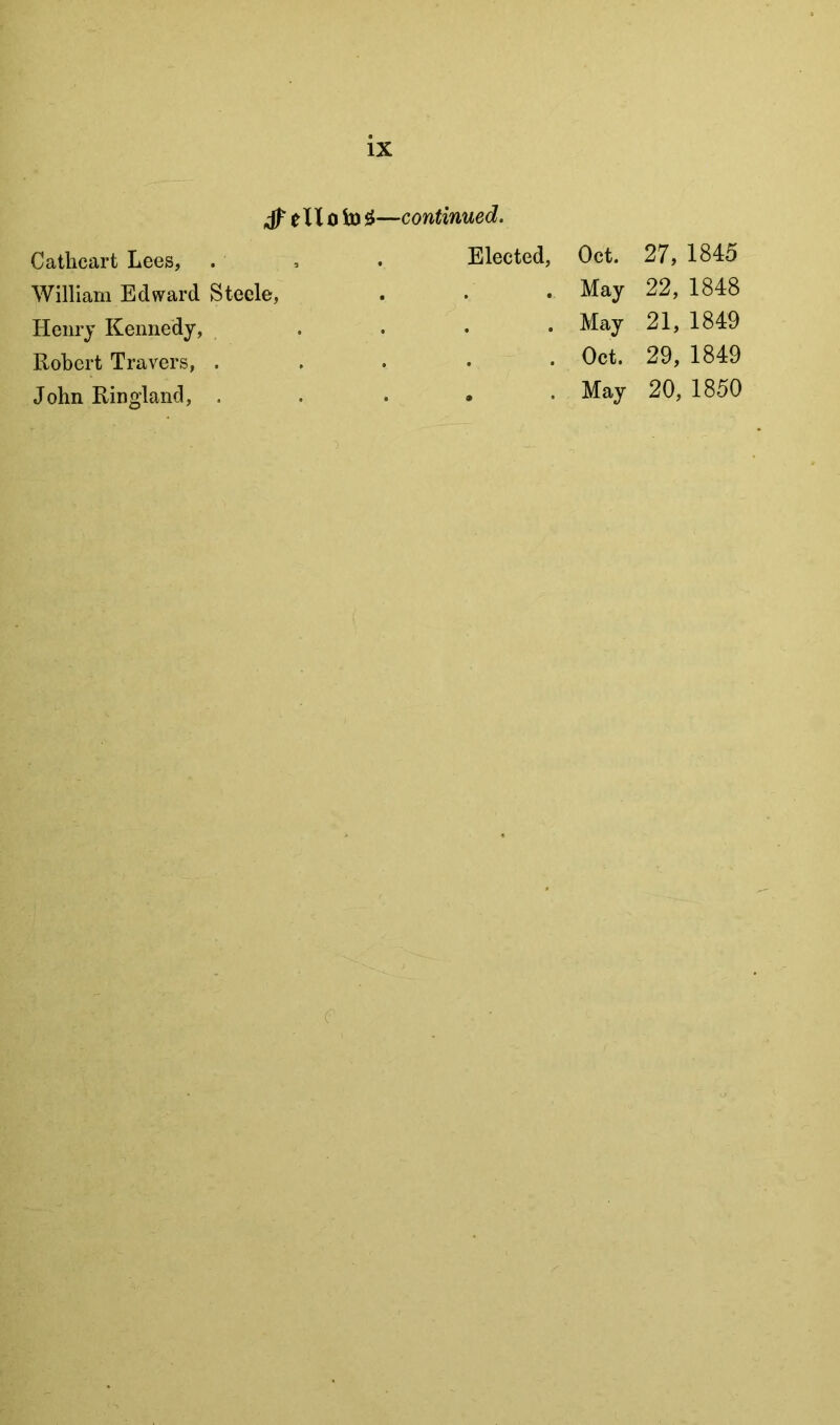 ^ e X X 0 to ^—continued. Cathcart Lees, William Edward Steele, Henry Kennedy, Robert Travers, . Elected, Oct. 27, 1845 . May 22, 1848 . May 21, 1849 . Oct. 29, 1849