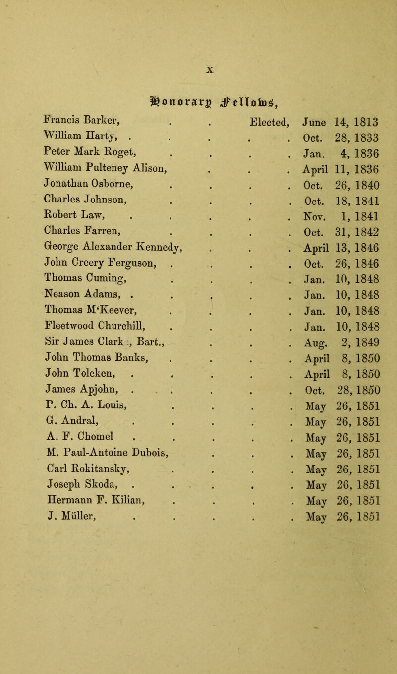 Francis Barker, William Harty, . Peter Mark Roget, William Pultenej Alison, Jonathan Osborne, Charles Johnson, Robert Law, Charles Farren, George Alexander Kennedy, John Creery Ferguson, Thomas Cuming, Reason Adams, . Thomas M‘Keever, Fleetwood Churchill, Sir James Clark ;, Bart., John Thomas Banks, John Toleken, James Apjohn, P. Ch. A. Louis, G. Andral, A. F. Chomel M. Paul-Antoine Dubois, Carl Rokitansky, Joseph Skoda, Hermann F. Kilian, J. Muller, Elected, June 14, 1813 . Oct. 28,1833 . . Jan. 4, 1836 . April 11, 1836 . Oct. 26, 1840 . Oct, 18,1841 . Nov. 1, 1841 . Oct. 31, 1842 . April 13, 1846 . Oct. 26, 1846 . Jan. 10, 1848 . Jan. 10, 1848 . Jan. 10, 1848 . Jan. 10, 1848 . . Aug. 2, 1849 . April 8, 1850 . April 8, 1850 . Oct. 28, 1850 . May 26, 1851 . May 26, 1851 . May 26, 1851 . May 26, 1851 . May 26, 1851 . May 26, 1851 . May 26, 1851 . May 26, 1851