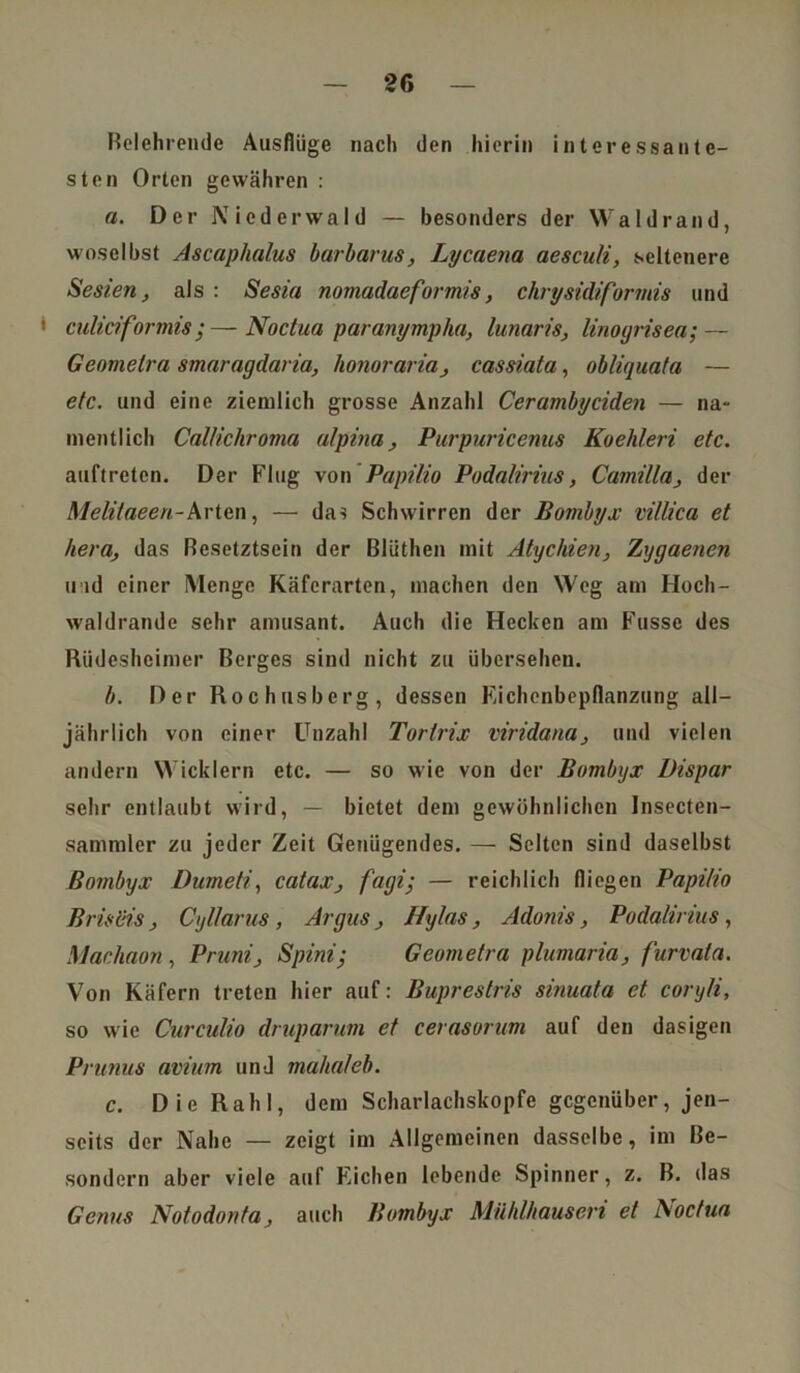 2G Belehrende Ausflüge nach den hierin interessante- sten Orten gewähren : a. Der Niederwald — besonders der Waldrand, woselbst Ascaphalus barbarus, Lycaena aesculi, seltenere Sesien, als : Sesia nomadaeformis, chrysidiformis und 1 culiaformis;—Noctua paranympha, lunaris, linogrisea; — Geomelra smaragdaria, honoraria, cassiata, obliquata — etc. und eine ziemlich grosse Anzahl Cerambyciden — na- mentlich Callichroma ulpina, Purpuricenus Koehleri etc. auftreten. Der Flug von Papilio Podnlirms, Camilla, der Melitaeen-Arten, — das Schwirren der Bombyx villica et hera, das Besetztsein der Blüthen mit Atychien, Zygaenen und einer Menge Käferarten, machen den Weg am Hoch- waldrande sehr amüsant. Auch die Hecken am Fusse des Rüdeshcimer Berges sind nicht zu übersehen. b. Der Rochusberg, dessen Eichenbepflanzung all- jährlich von einer Unzahl Torlrix viridana, und vielen andern Wicklern etc. — so wie von der Bombyx Dispar sehr entlaubt wird, — bietet dem gewöhnlichen Insecten- sammler zu jeder Zeit Genügendes. — Selten sind daselbst Bombyx Dumeti, catax, fagi; — reichlich fliegen Papilio Brücis, Cyllarus, Argus, Ifylas, Adonis, Podalirius, Machaon, Pruni} Spini-, Geomelra plumaria, furvala. Von Käfern treten hier auf: Buprestris sinuata et coryli, so wie Curculio druparum et cerasorum auf den dasigen Prunus avium und mahaleb. c. Die Rah I, dem Scharlachskopfe gegenüber, jen- seits der Nahe — zeigt im Allgemeinen dasselbe, im Be- sondern aber viele auf Eichen lebende Spinner, z. B. das Genus Notodonta, auch Bombyx Mühlhausen et Aocfua