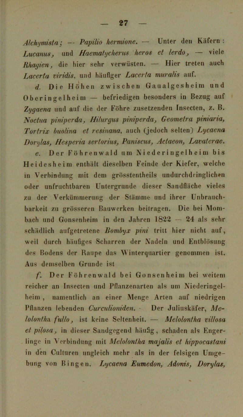 Alchymsta; — Papilio hermione. — Unter den Käfern : LucanuSj und Haematycherus heros et lerdo, — viele Rhagien, die hier sehr verwüsten. — Hier treten auch Lacerta viridis, und häufiger Lacerta muralis auf. d. Die Höhen zwischen G a u a I g e s h e i m und Oberingelheim — befriedigen besonders in Bezug auf Zygaena und auf die der Föhre zusetzenden Insecten, z. B. Nodua piniperda, Hilurgus piniper da, Geometra piniaria, Tortrix buolina et resinana, auch (jedoch selten) Lycaena Dorylas, Hesperia sertorius, Paniscus, Adaeon, Lavaterae. e. Der Föhrenwald um Niederingelheim bis Hei des he im enthält dieselben Feinde der Kiefer, welche in Verbindung mit dem grösstentheils undurchdringlichen oder unfruchtbaren Untergründe dieser Sandfläcbe vieles zu der Verkümmerung der Stämme und ihrer Unbrauch- barkeit zu grösseren Bauwerken beitragen. Die bei \lom- bach und Gonsenheim in den Jahren 1822 — 24 als sehr schädlich aufgetretene liombyx pini tritt hier nicht auf, weil durch häufiges Scharren der Nadeln und Entbliisung des Bodens der Raupe das Winterquartier genommen ist. Aus demselben Grunde ist f. Der Föbre nwald bei Gonsenheim bei weitem reicher an Insecten und Pfianzenarten als um Niederingel- heim , namentlich an einer Menge Arten auf niedrigen Pflanzen lebenden Curculioniden. - Der Juliuskäfer, Me- lolontha. fullo, ist keine Seltenheit. — Melolontha villosa et pilosa, in dieser Sandgegend häufig, schaden als Enger- linge in Verbindung mit Melolontha majalis et hippocastani in den Culturen ungleich mehr als in der felsigen Umge- bung von Bingen. Lycaena Eumedon, Adonis, Dorylas,