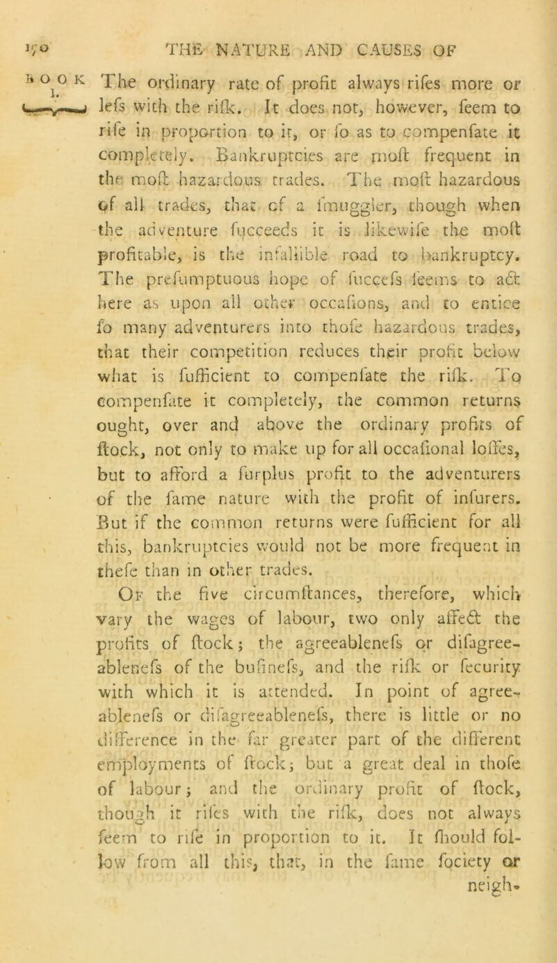 The ordinary rate of profit always rifes more or lefs with the rifk. It does nor, however, feem to rife in proportion to ir, or fo as to compenfate it completely. Bankruptcies are nioll: frequent in the mod hazardous trades. The mod hazardous of ail trades, that cf a fmuggier, though when the adventure fucceeds it is Jikewife the mod profitable, is the infallible road to bankruptcy. The prefumptuous hope of fiiccefs leems to adh here as upon all other occadons, and to entice fo many adventurers into thofe hazardous trades, that their competition reduces their probe below what is fufficient to compenfate the rifk. To compenfate it completely, the common returns ought, over and above the ordinary profits of flock, not only to make up for all occafional lodes, but to afford a furplus profit to the adventurers of the fame nature with the profit of infurers. But if the common returns were fufficient for all this, bankruptcies would not be more fixquent in thefc than in other trades. Of the five circumdances, therefore, which vary the wages of labour, two only affedl the profits of dock; the agreeablencTs or difagree- ablenefs of the bufinefs, and the ride or fecurity with which it is attended. In point of agree- ablenefs or difagreeablenefs, there is little or no difference in the far greater part of the different employments of frock; but a great deal in thofe of labour; and the ordinary profit of dock, thouj^h it rifes with the rifk, does not always feem to rife in proportion to it. It diould fol- low from all this, that, in the fame fociety or neigh-