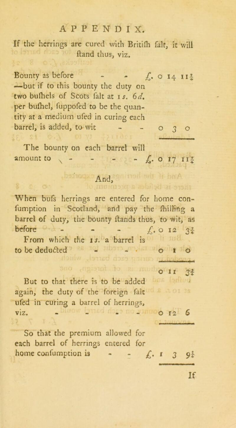 If the herrings are cured with Britifli fait, it will ftand thus, viz. Bounty as before - - £. 0 14 uf —but if to this bounty the duty on two bufhels of Scots fait at ij. 6d. per bufhel, fuppofed to be the quan- tity at a medium ufed in curing each barrel, is added, to wit - - 030 The bounty on each barrel will amount to x - - - -£.017112 And, When bufs herrings are entered for home con- fumption in Scotland, and pay the fhilling a barrel of duty, the bounty ftands thus, to wit, as before - - - £. o 12 3$ From which the is. a barrel is to be deduced - - • 010 on 3* But to that there is to be added again, the duty of the foreign fait ufed in curing a barrel of herrings, viz. - - - o 11 6 So that the premium allowed for each barrel of herrings entered for home confumption is - - £. 1 3