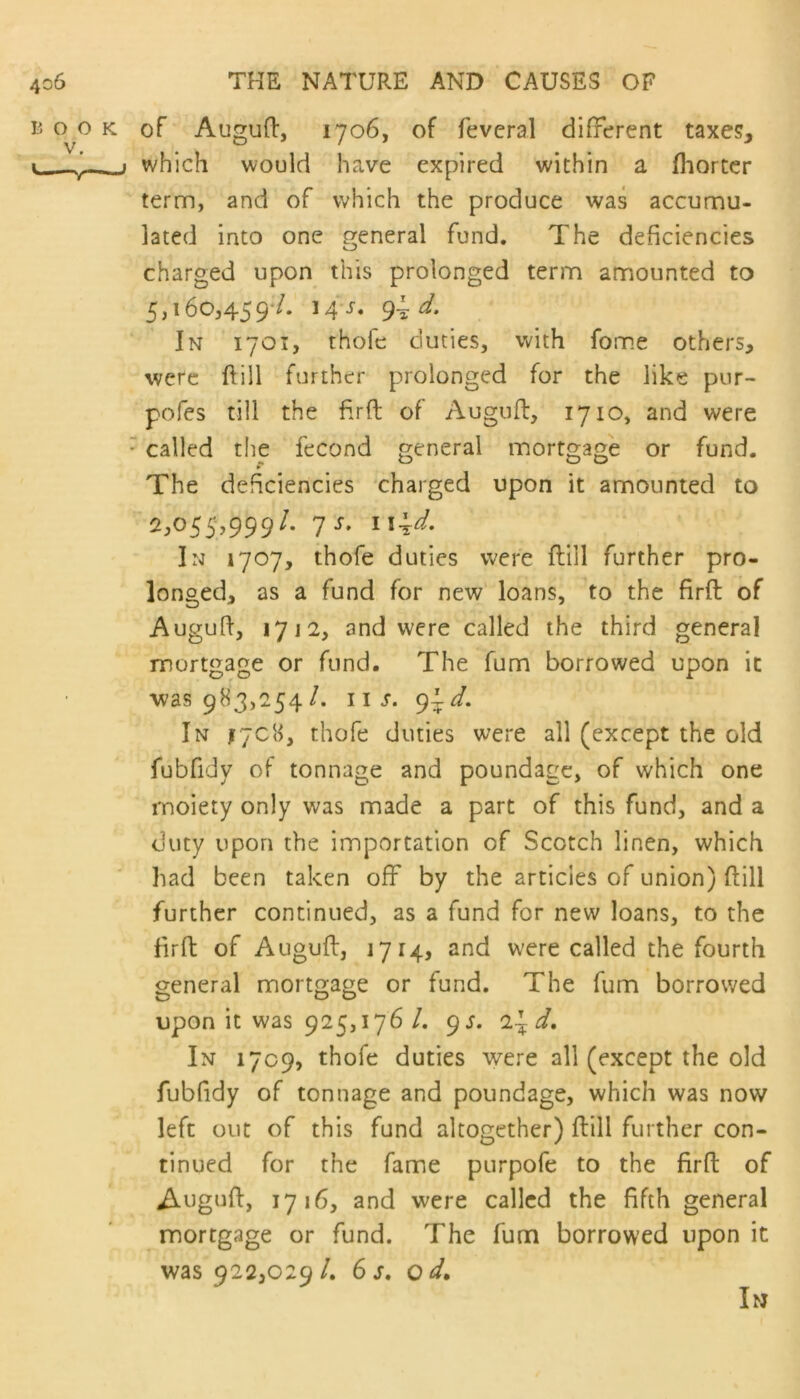 b o o k of Auguft, 1706, of fevcral different taxes, 1 1 which would have expired within a fhorter term, and of which the produce was accumu- lated into one general fund. The deficiencies o charged upon this prolonged term amounted to 5,160,459/. 14T. 9~d. In 1701, thofe duties, with fome others, were ftill further prolonged for the like pur- pofes till the fir ft of Auguft, 1710, and were ■ called the fecond general mortgage or fund. * The deficiencies charged upon it amounted to 2,055,999/. J s. 11 \d. In 1707, thofe duties were ftill further pro- longed, as a fund for new loans, to the firft of Auguft, 1712, and were called the third general mortgage or fund. The fum borrowed upon it was 983,254/. iu. 9Id. In 17C8, thofe duties were all (except the old fubfidy of tonnage and poundage, of which one moiety only was made a part of this fund, and a duty upon the importation of Scotch linen, which had been taken off by the articles of union) ftill further continued, as a fund for new loans, to the firft of Auguft, j 714, and were called the fourth general mortgage or fund. The fum borrowed upon it was 925,176/. ys. i^d. In 1709, thofe duties were all (except the old fubfidy of tonnage and poundage, which was now left out of this fund altogether) ftill further con- tinued for the fame purpofe to the firft of Auguft, 1716, and were called the fifth general mortgage or fund. The fum borrowed upon it was 922,029 /. 6 s, od. In