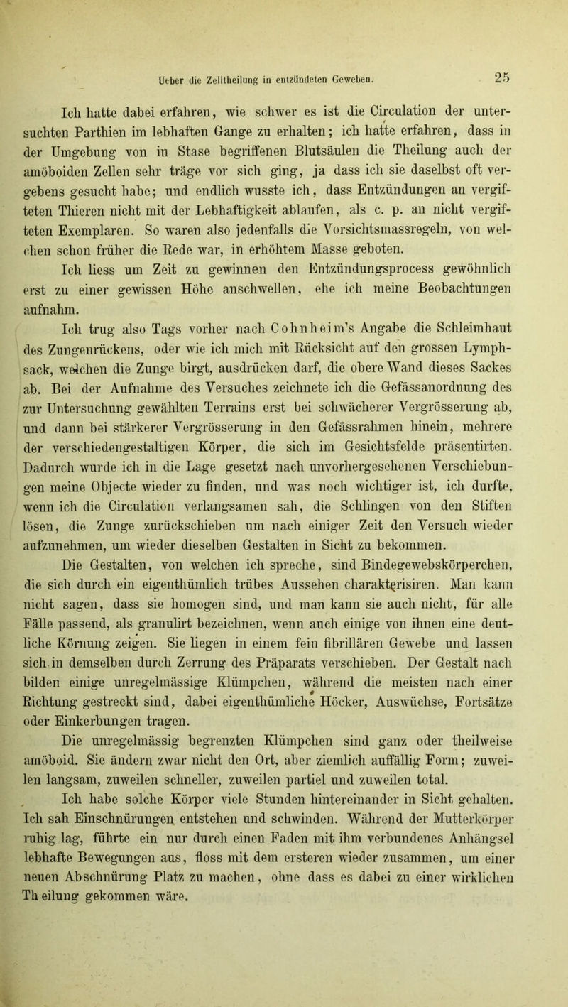 Ich hatte dabei erfahren, wie schwer es ist die Circulation der unter- suchten Parthien im lebhaften Gange zu erhalten; ich hatte erfahren, dass in der Umgebung von in Stase begriffenen Blutsäulen die Theilung auch der amöboiden Zellen sehr träge vor sich ging, ja dass ich sie daselbst oft ver- gebens gesucht habe; und endlich wusste ich, dass Entzündungen an vergif- teten Thieren nicht mit der Lebhaftigkeit ablaufen, als c. p. an nicht vergif- teten Exemplaren. So waren also jedenfalls die Yorsichtsmassregeln, von wel- chen schon früher die Rede war, in erhöhtem Masse geboten. Ich liess um Zeit zu gewinnen den Entzündungsprocess gewöhnlich erst zu einer gewissen Höhe anschwellen, ehe ich meine Beobachtungen aufnahm. Ich trug also Tags vorher nach Cohnheim’s Angabe die Schleimhaut des Zungenrückens, oder wie ich mich mit Rücksicht auf den grossen Lymph- sack, welchen die Zunge birgt, ausdrücken darf, die obere Wand dieses Sackes ab. Bei der Aufnahme des Versuches zeichnete ich die Gefässanordnung des zur Untersuchung gewählten Terrains erst bei schwächerer Vergrösserung ab, und dann bei stärkerer Vergrösserung in den Gefässrahmen hinein, mehrere der verschiedengestaltigen Körper, die sich im Gesichtsfelde präsentirten. Dadurch wurde ich in die Lage gesetzt nach unvorhergesehenen Verschiebun- gen meine Objecte wieder zu finden, und was noch wichtiger ist, ich durfte, wenn ich die Circulation verlangsamen sah, die Schlingen von den Stiften lösen, die Zunge zurückschieben um nach einiger Zeit den Versuch wieder aufzunehmen, um wieder dieselben Gestalten in Sicht zu bekommen. Die Gestalten, von welchen ich spreche, sind Bindegewebskörperchen, die sich durch ein eigenthümlich trübes Aussehen charakt^risiren. Man kann nicht sagen, dass sie homogen sind, und man kann sie auch nicht, für alle Fälle passend, als granulirt bezeichnen, wenn auch einige von ihnen eine deut- liche Körnung zeigen. Sie liegen in einem fein fibrillären Gewebe und lassen sich, in demselben durch Zerrung des Präparats verschieben. Der Gestalt nach bilden einige unregelmässige Klümpchen, während die meisten nach einer # Richtung gestreckt sind, dabei eigenthümliche Höcker, Auswüchse, Fortsätze oder Einkerbungen tragen. Die unregelmässig begrenzten Klümpchen sind ganz oder theilweise amöboid. Sie ändern zwar nicht den Ort, aber ziemlich auffällig Form; zuwei- len langsam, zuweilen schneller, zuweilen partiel und zuweilen total. Ich habe solche Körper viele Stunden hintereinander in Sicht gehalten. Ich sah Einschnürungen entstehen und schwinden. Während der Mutterkörper ruhig lag, führte ein nur durch einen Faden mit ihm verbundenes Anhängsel lebhafte Bewegungen aus, floss mit dem ersteren wieder zusammen, um einer neuen Abschnürung Platz zu machen, ohne dass es dabei zu einer wirklichen Th eilung gekommen wäre.