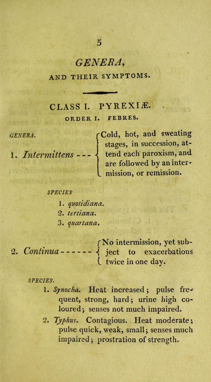 GENERA, AND THEIR SYMPTOMS. CLASS I. PYREXIJE. ORDER I. FEBRES. GENERA. 1. Intermittens — f Cold, hot, and sweating stages, in succession, at- * tend each paroxism, and are followed by an inter- _ mission, or remission. SPECIES 1. quotidiana. 2. tertian a. 3. quay tan a. C No intermission, yet sub- 2. Continua ject to exacerbations L twice in one day. SPECIES. 1. Synocha. Heat increased; pulse fre* quent, strong, hard; urine high co- loured; senses not much impaired. 2. Typhus. Contagious. Heat moderate; pulse quick, weak, small; senses much impaired; prostration of strength.